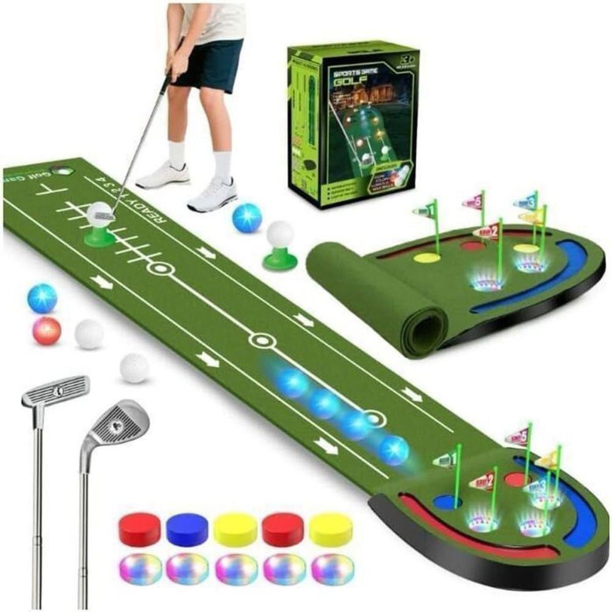 Tapis de putting LED 2,4 m avec 5 trous lumineux, balles LED et 2 clubs réglables en hauteur