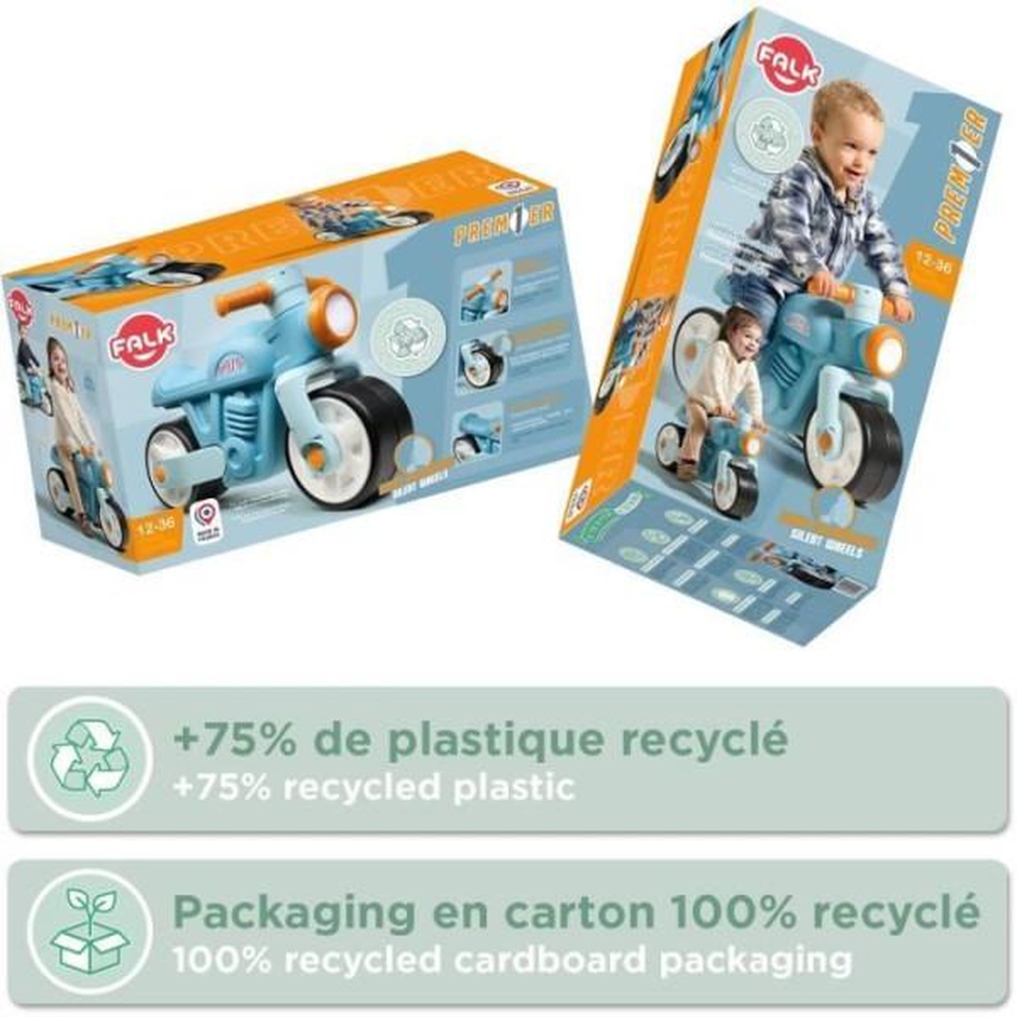 Voir la diapositive 5 : FALK Draisienne Velo  Moto Premier - FALK - Avec roues silencieuses - Bleu - 75% Plastique Recyclé - 100% Fabriqué en France - Des 12 mo