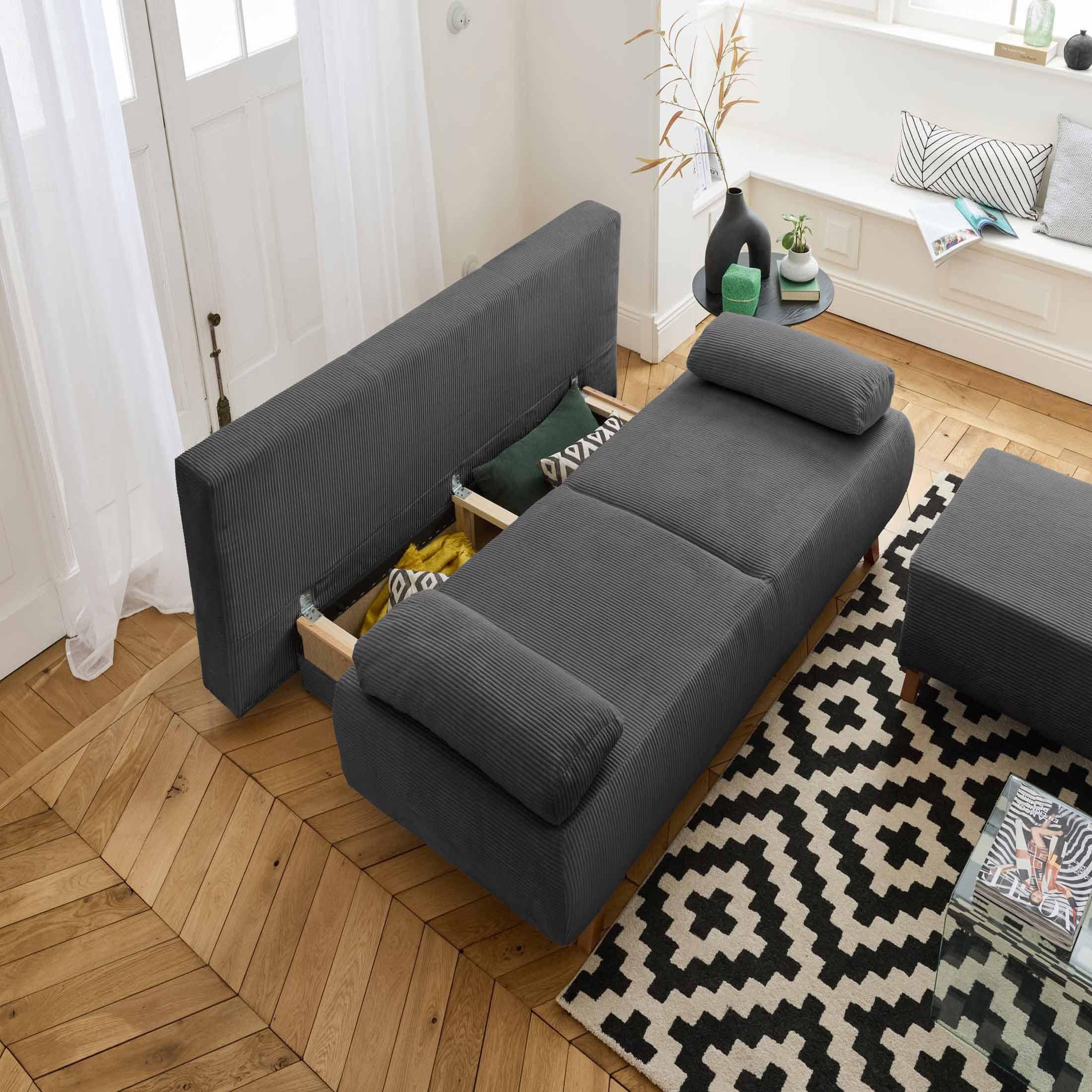 Voir la diapositive 3 : BEST MOBILIER Cristal - canapé 3 places - convertible avec coffre et pouf - en velours côtelé