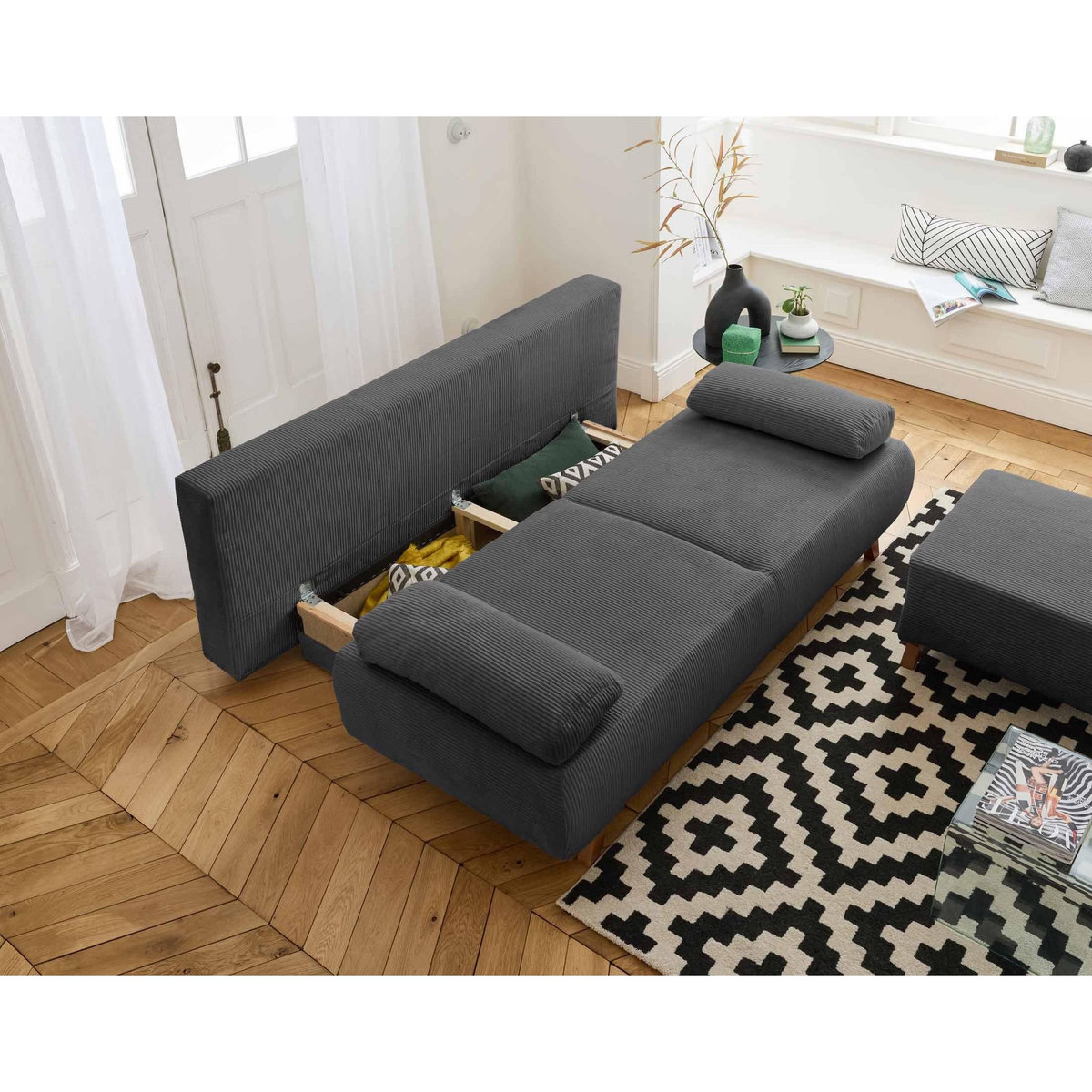 BEST MOBILIER Cristal - canapé 3 places - convertible avec coffre et pouf - en velours côtelé