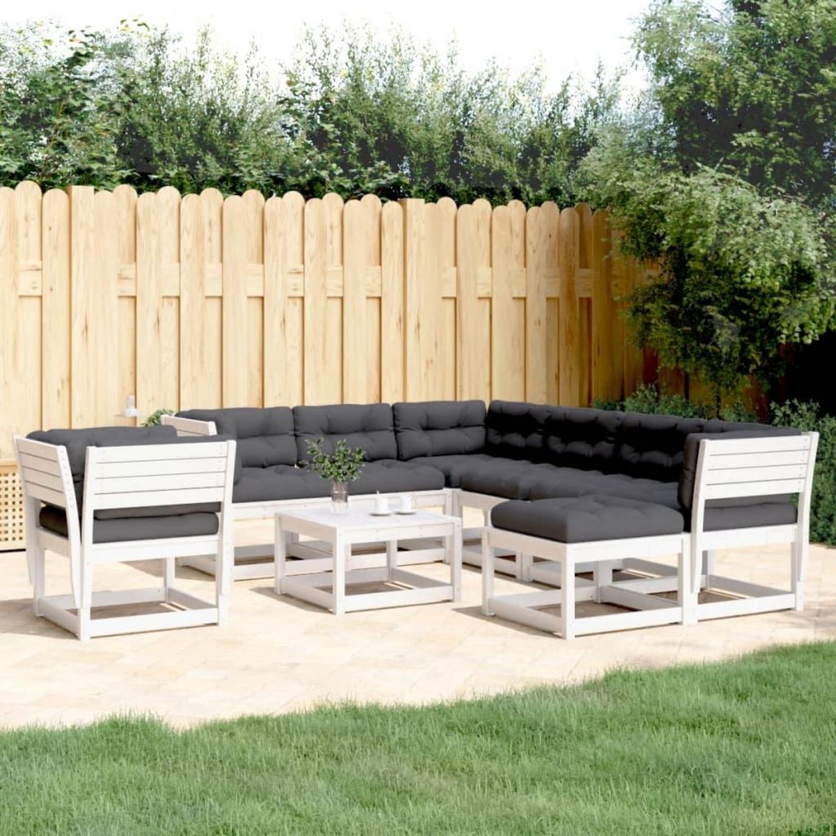 VIDAXL Salon de jardin avec coussins 8 pcs blanc bois de pin massif
