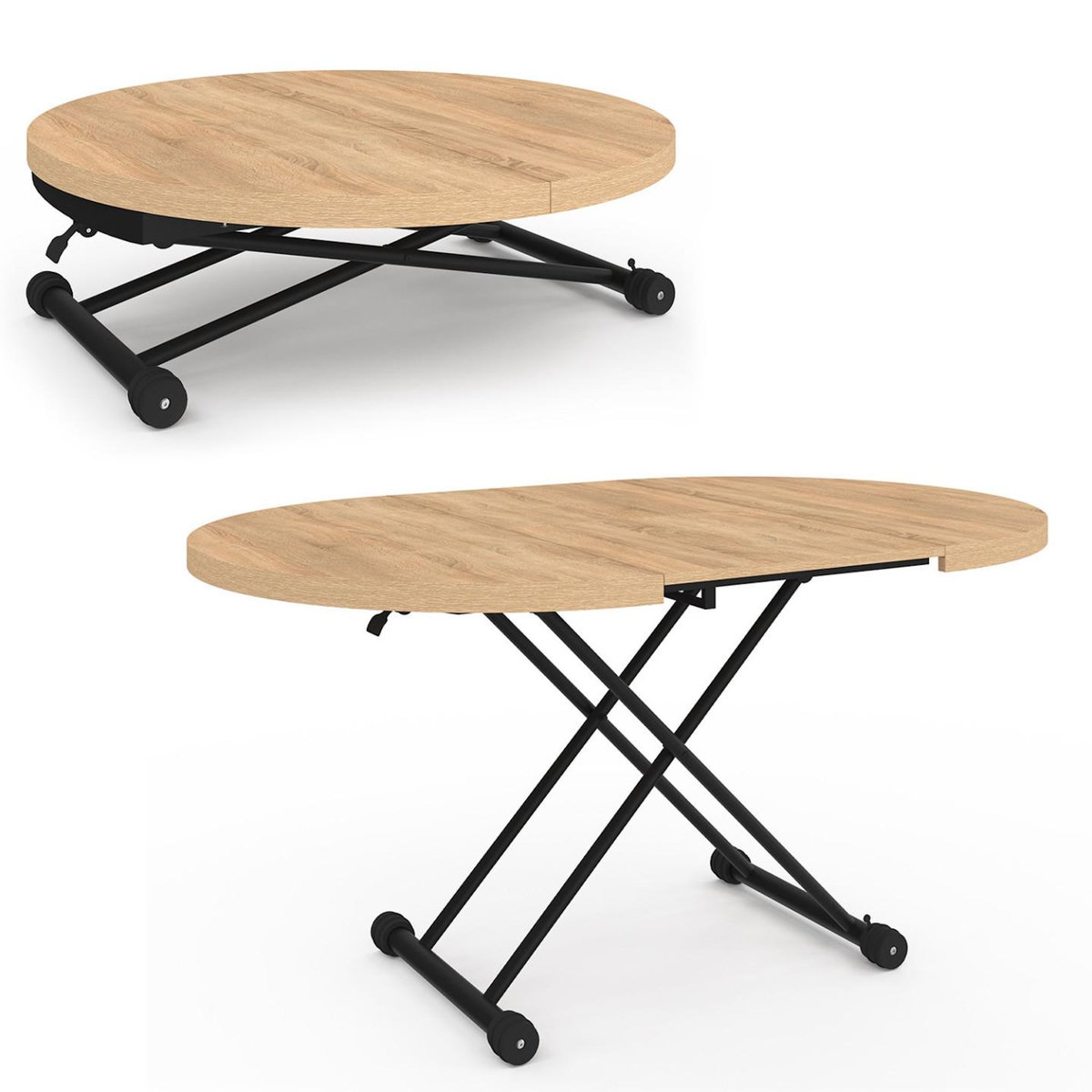 ID MARKET Table basse extensible relevable en table à manger ronde ALTURA plateau façon hêtre pied noir design industriel