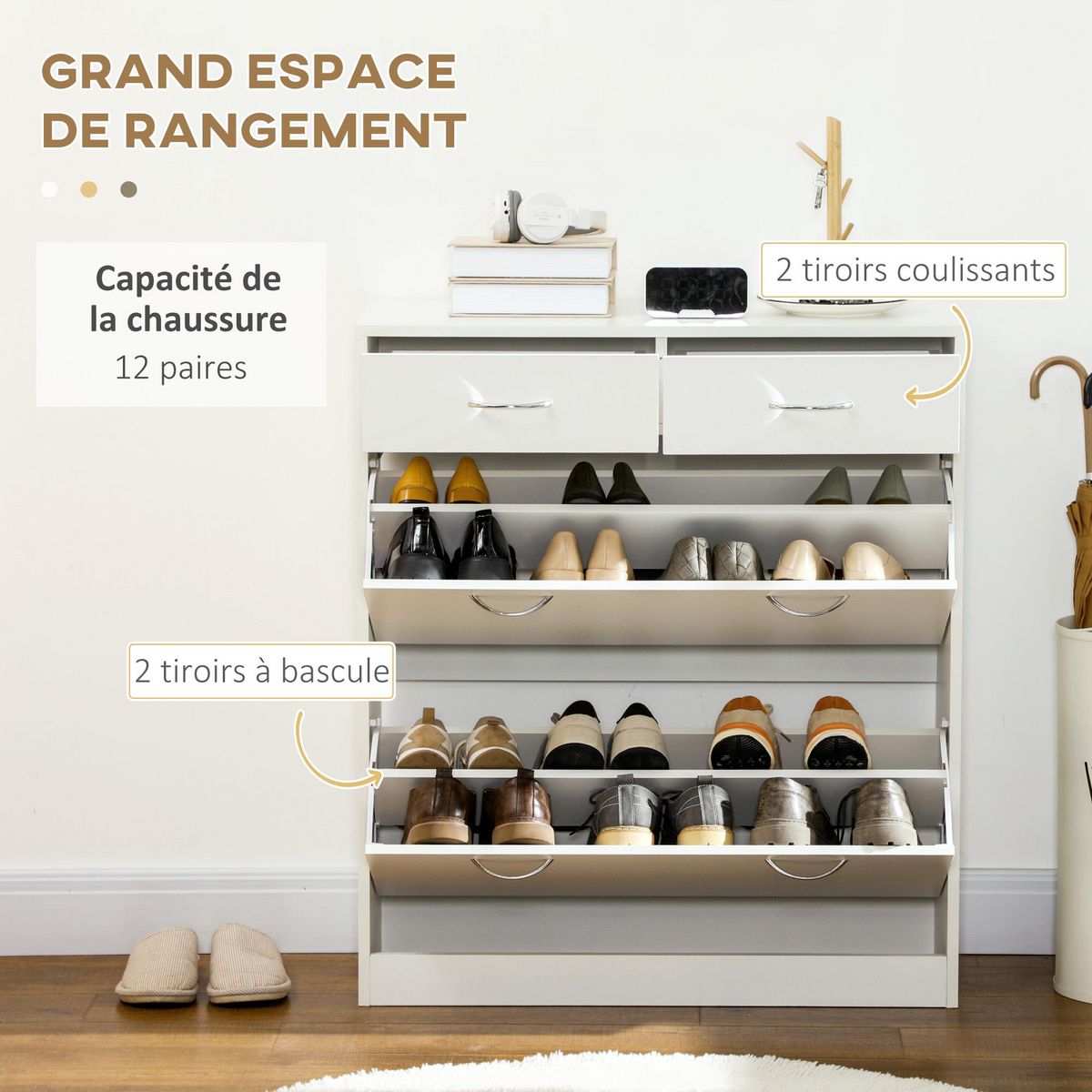 HOMCOM Meuble à chaussures 2 tiroirs 2 portes abattantes étagère blanc