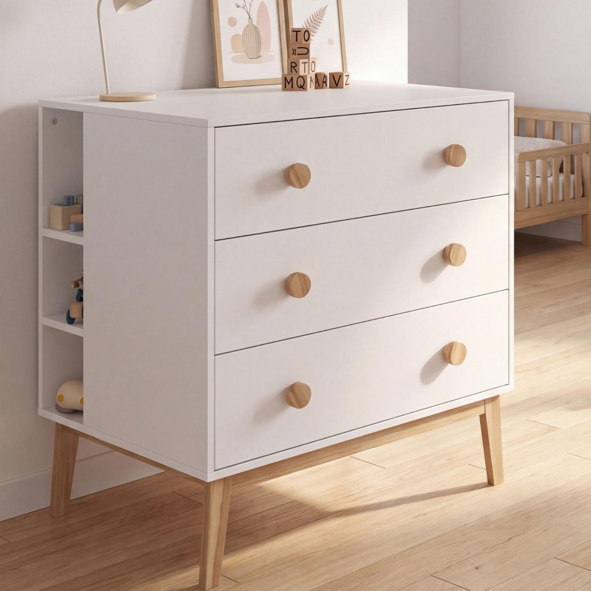 Voir la diapositive 3 : ID MARKET Commode à langer jacob blanc et bois 3 tiroirs, table à langer amovible et 2 étagères