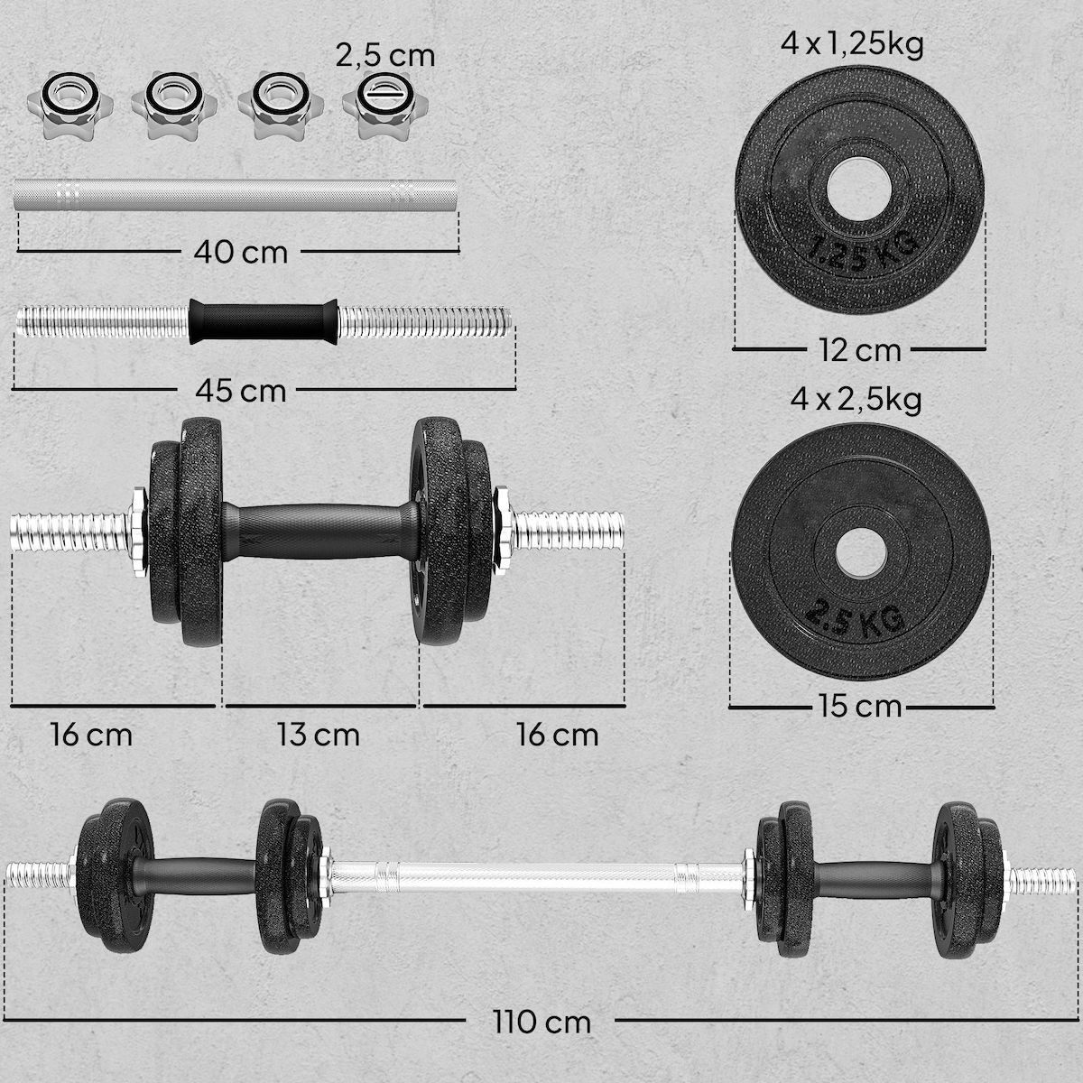 HOMCOM Ensemble d'haltères barre de musculation 2 en 1 - total 20 Kg - acier gris