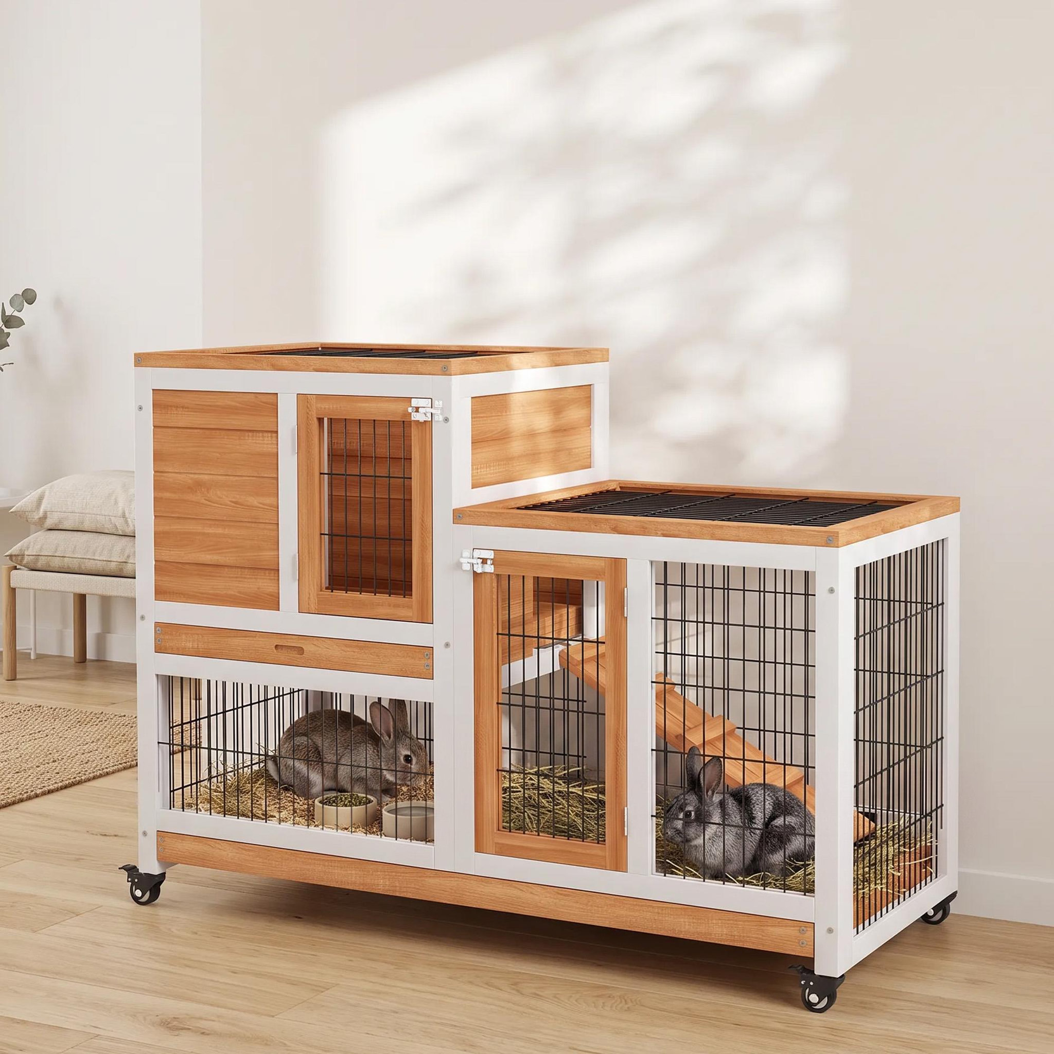 Voir la diapositive 2 : PAWHUT Clapier lapin mobile - niche, rampe, plateau déjection, 2 portes - bois blanc