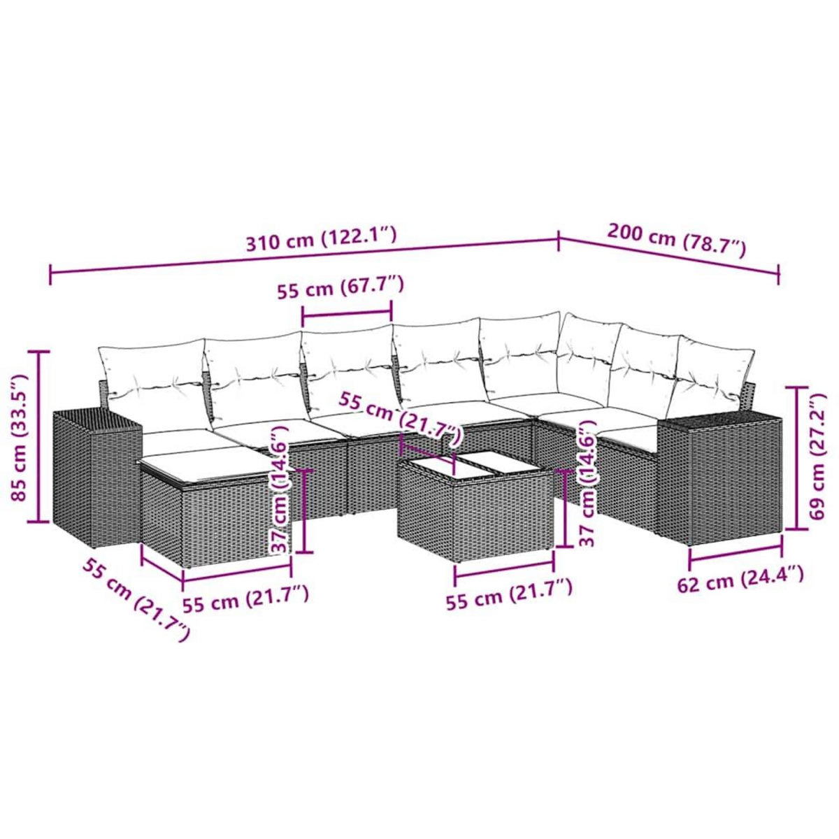 VIDAXL Salon de jardin 9 pcs avec coussins gris clair resine tressee