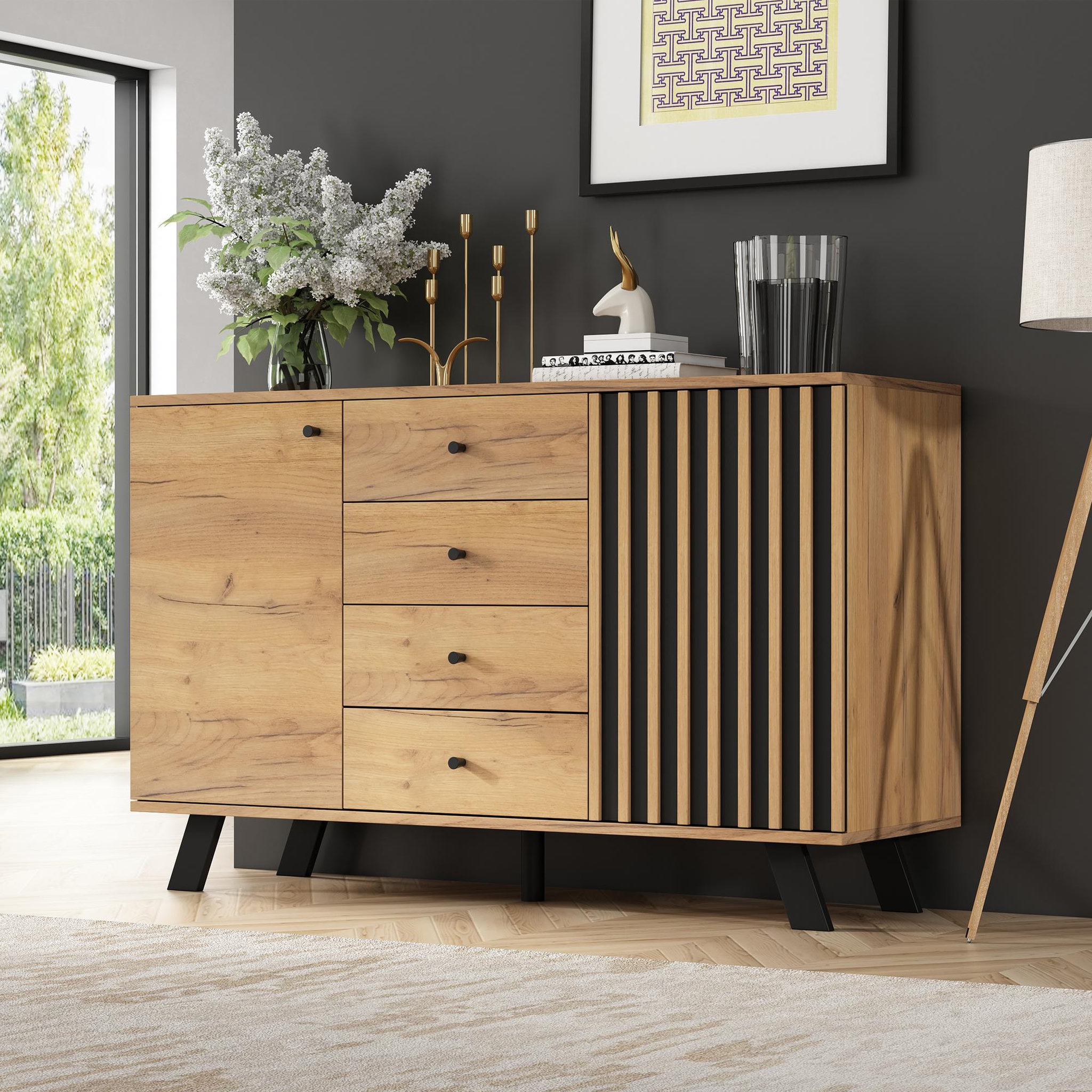 Voir la diapositive 4 : MERAX Buffet 2 porte(s) 4 tiroir(s) - 120 cm naturel mdf