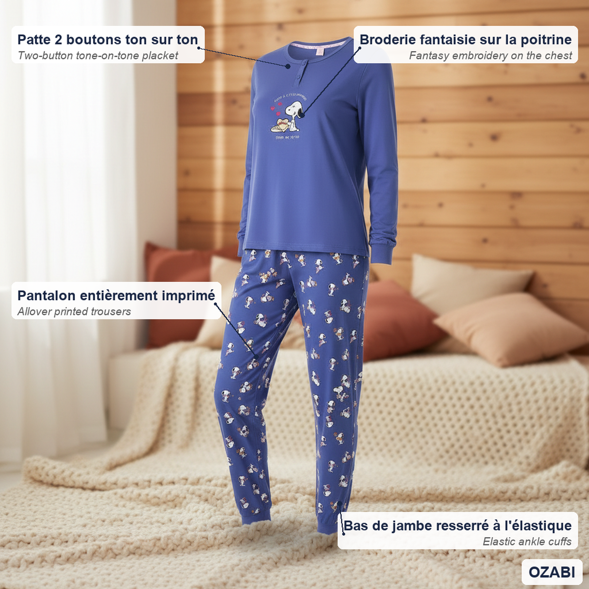 Voir la diapositive 5 : OZABI Ozabi ensemble pyjama femme léger broderie motif fantaisie