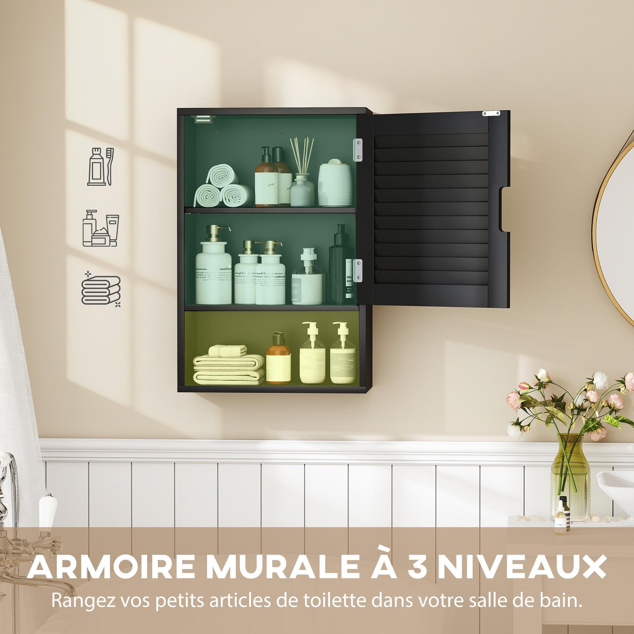 Voir la diapositive 4 : HOMCOM Armoire murale salle de bain porte persienne étagère niche noir