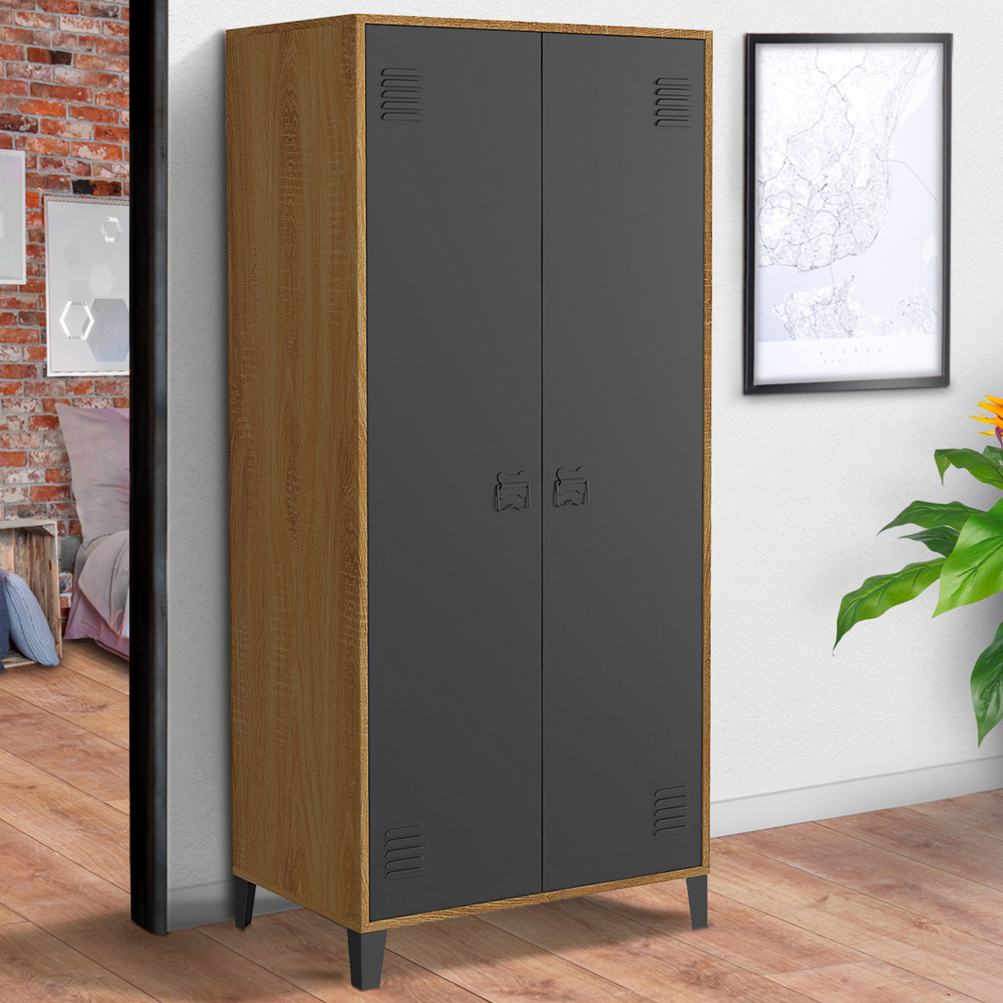 Voir la diapositive 2 : ID MARKET Armoire vestiaire penderie ester 2 portes métal noir et contour bois design industriel