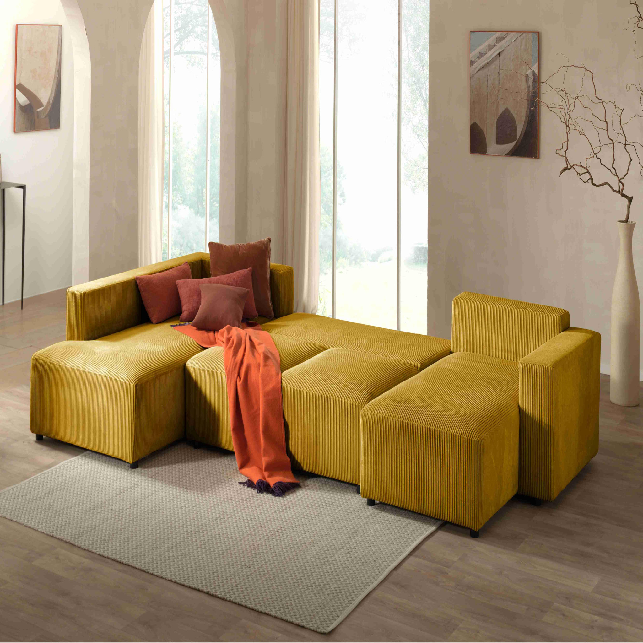 Voir la diapositive 3 : LISA DESIGN Livy - canapé panoramique convertible - avec coffre - en velours côtelé - 7 places - gauche