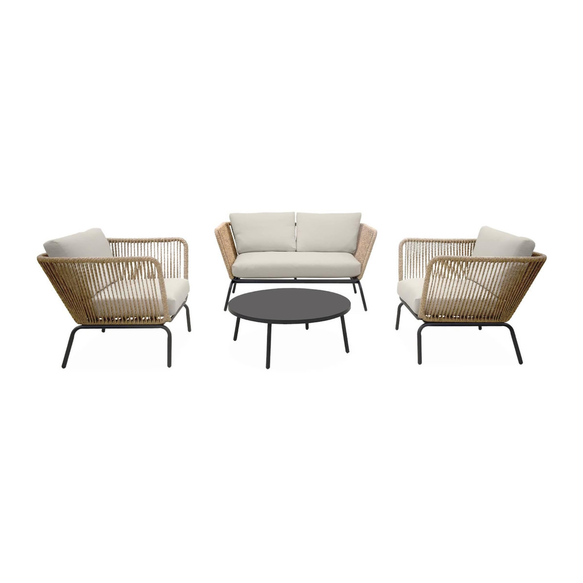 SWEEEK Salon de jardin bas Singapour, résine tressée effet corde, 4 places, coussins déhoussables