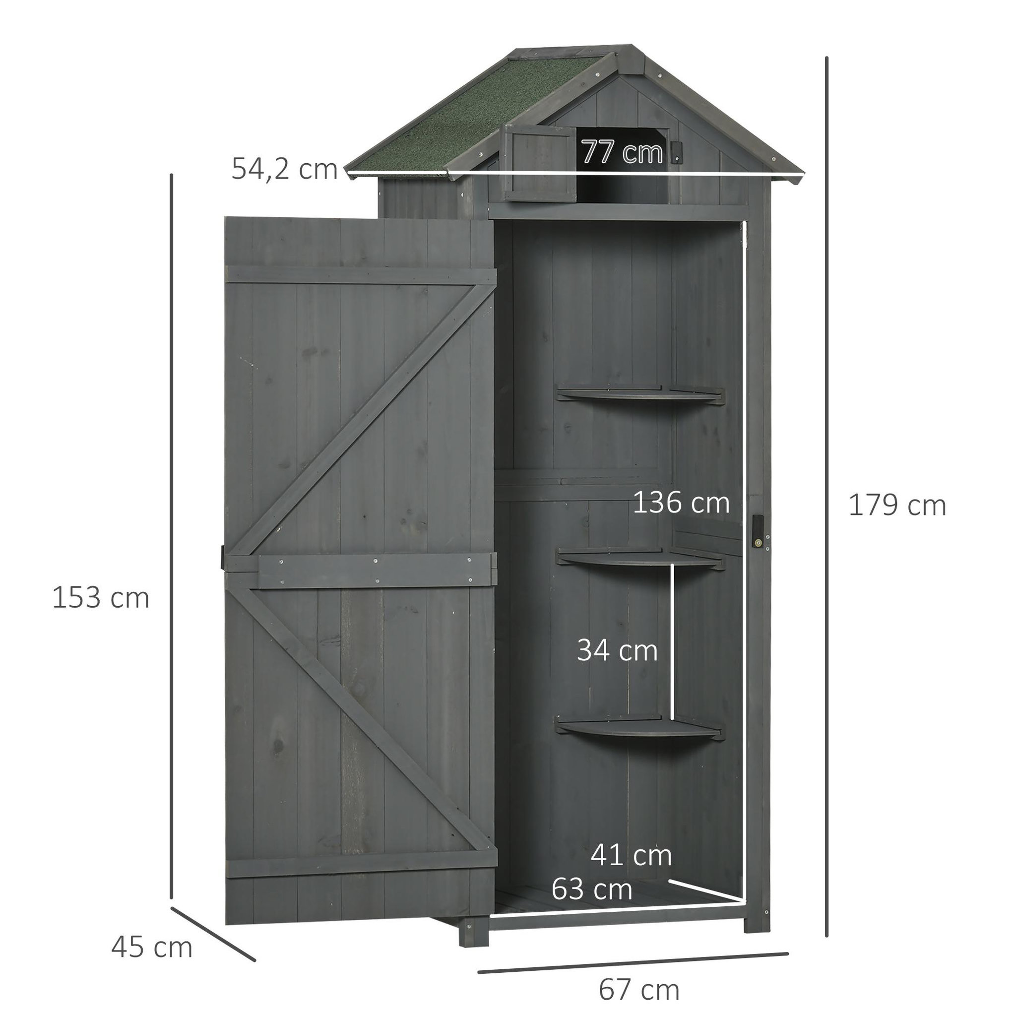Voir la diapositive 3 : OUTSUNNY Armoire abri de jardin remise pour outils 3 étagères 2 portes loquets toit pente bitumé 77L x 54l x 179H cm sapin traité gris