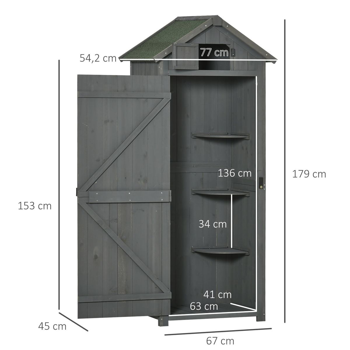 OUTSUNNY Armoire abri de jardin remise pour outils 3 étagères 2 portes loquets toit pente bitumé 77L x 54l x 179H cm sapin traité gris