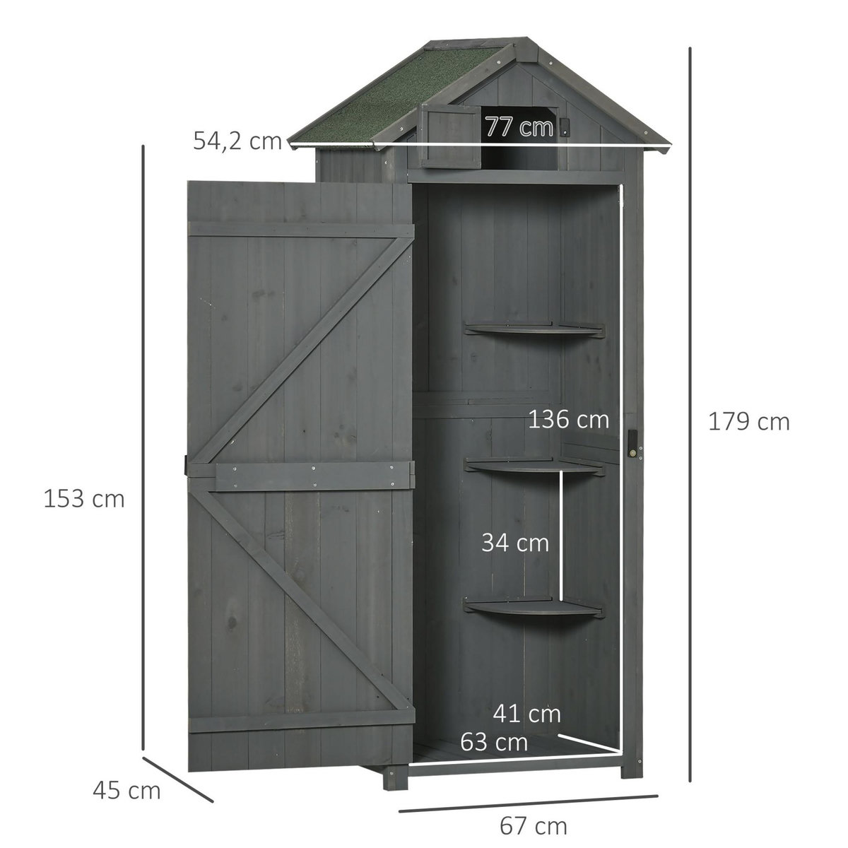 OUTSUNNY Armoire abri de jardin remise pour outils 3 étagères 2 portes loquets toit pente bitumé 77L x 54l x 179H cm sapin traité gris