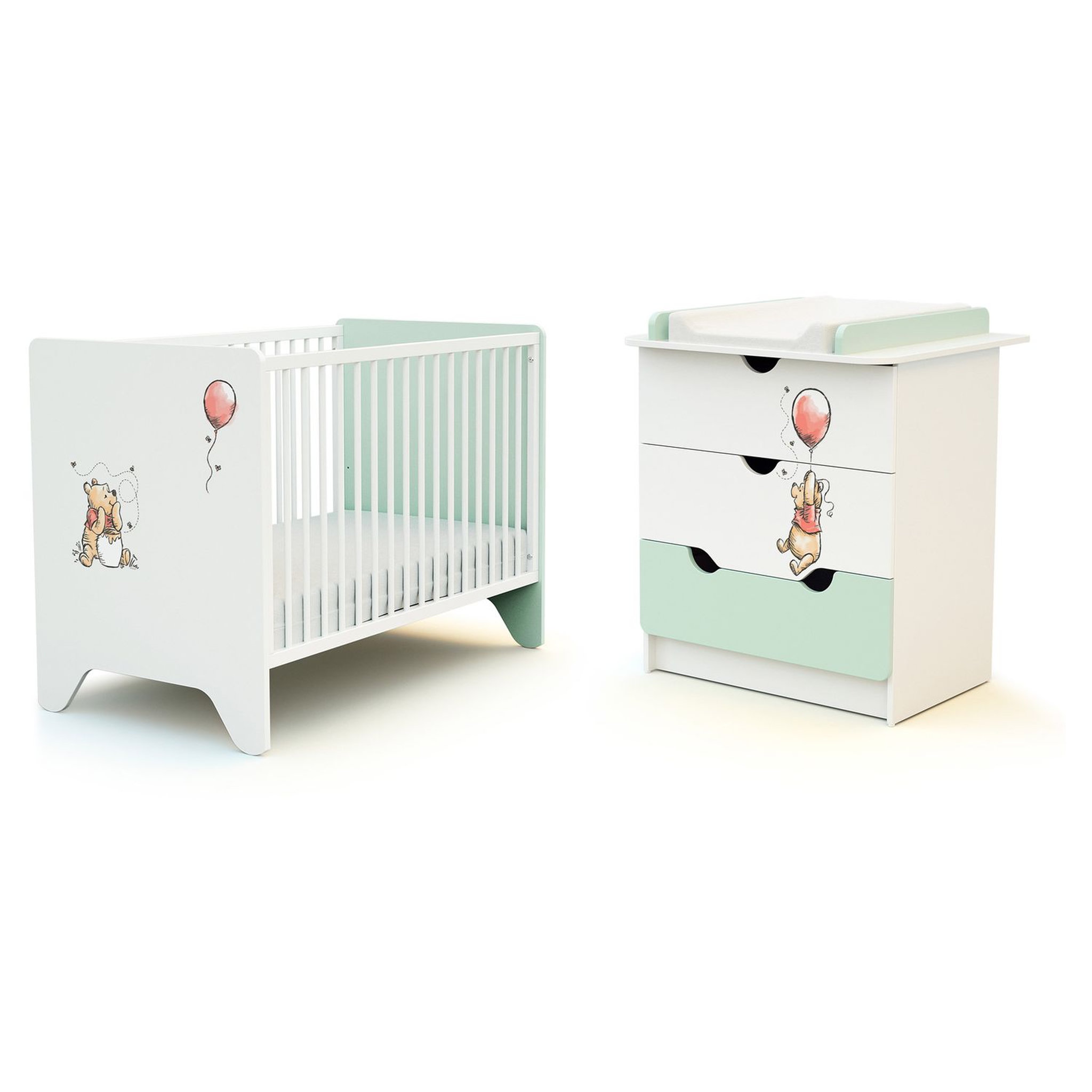 Voir la diapositive 1 : AT4 Ensemble lit bébé 60x120 cm et commode à langer 3 tiroirs WINNIE BALLON DISNEY Vert d'eau