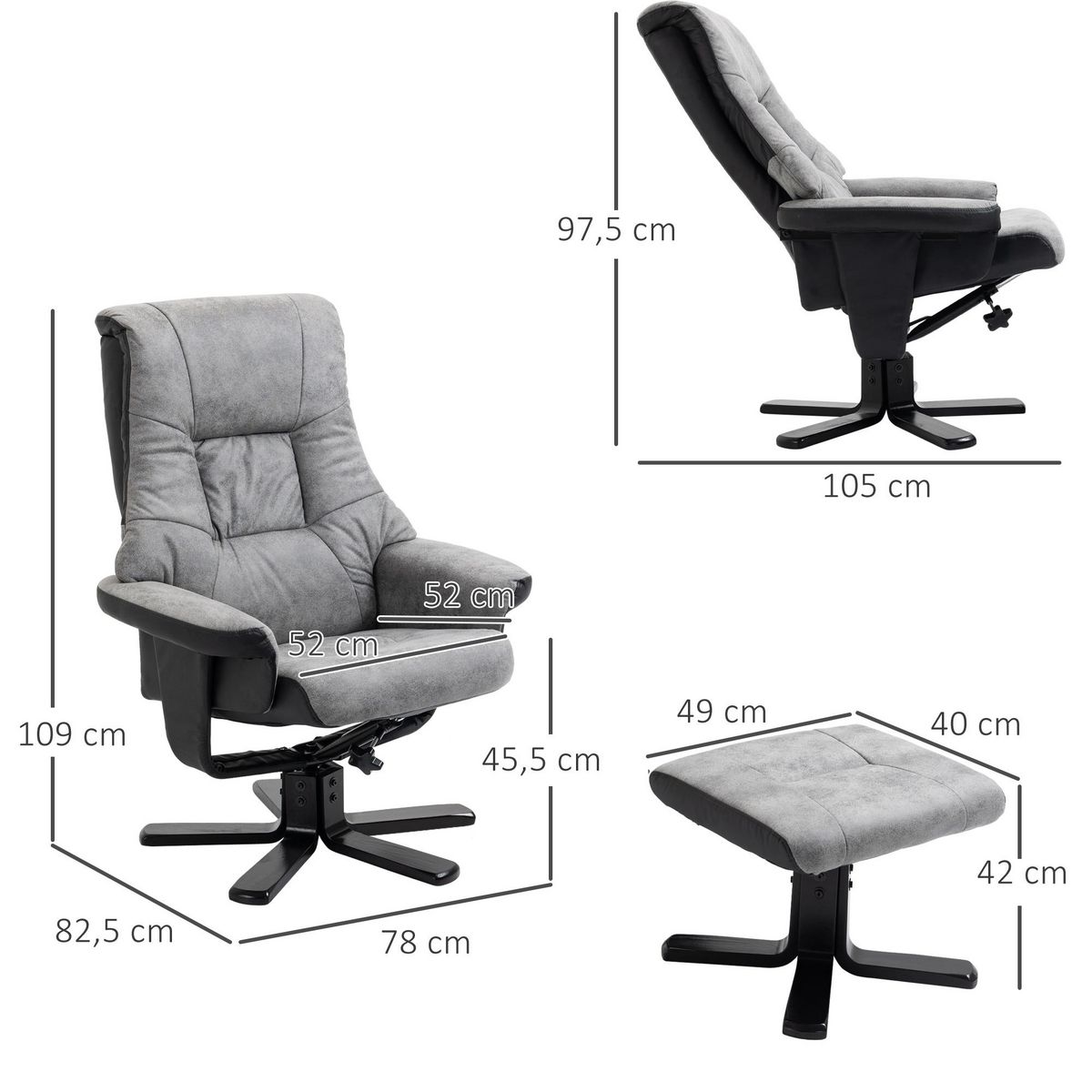 HOMCOM Fauteuil relax style contemporain - dossier inclinable, repose-pied - piètement bois peuplier noir tissu technique gris