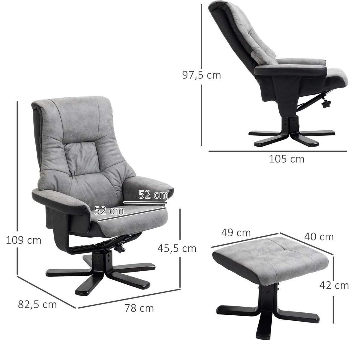 HOMCOM Fauteuil relax style contemporain - dossier inclinable, repose-pied - piètement bois peuplier noir tissu technique gris