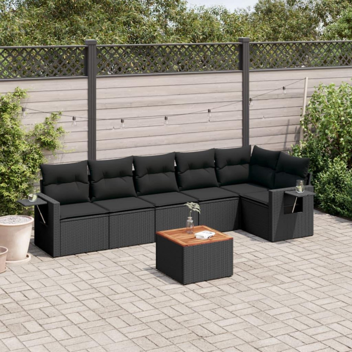 VIDAXL Salon de jardin 7 pcs avec coussins noir resine tressee