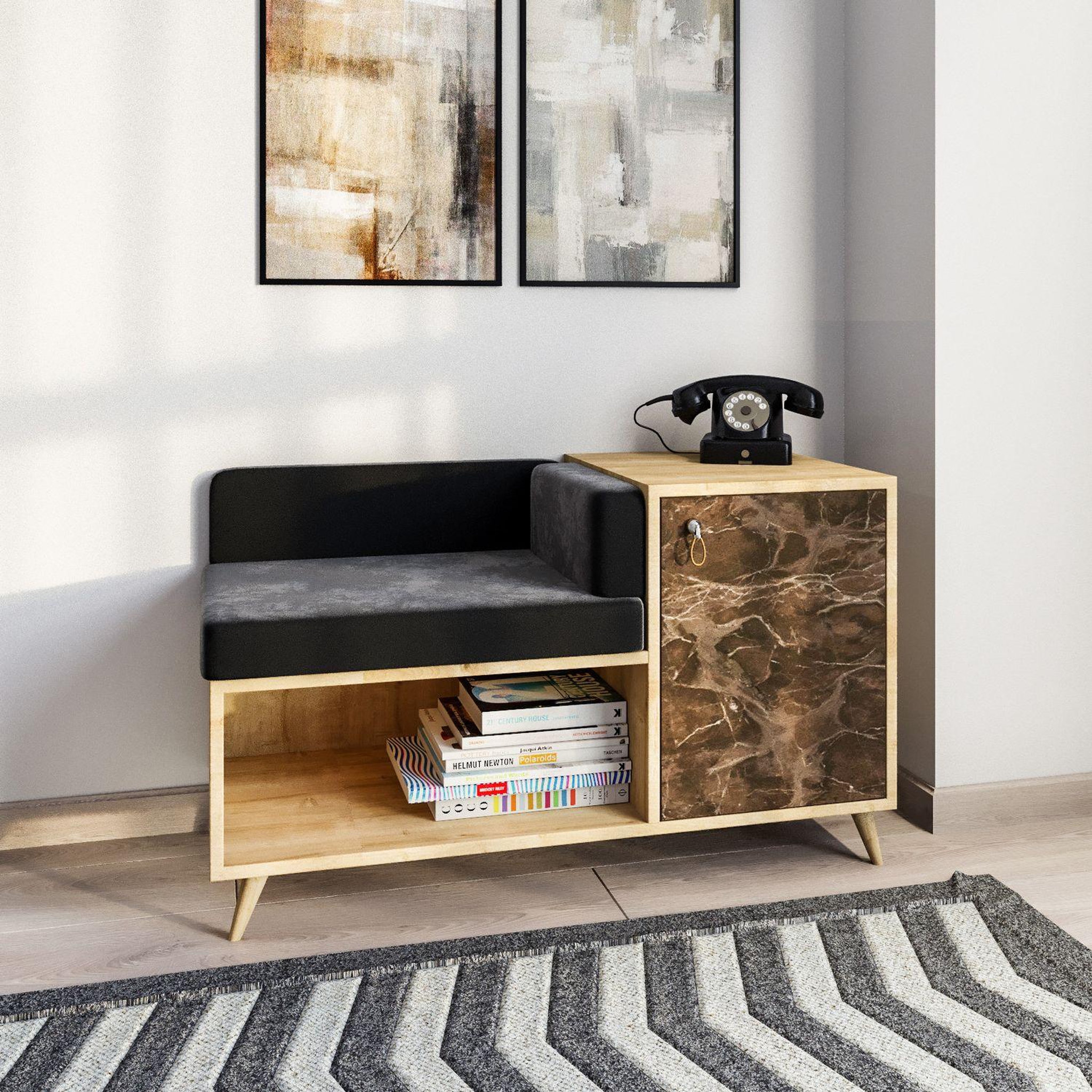 Voir la diapositive 2 : TOILINUX Banc d'entrée design marbré anzer - l. 100 x h. 60 cm - marron noix