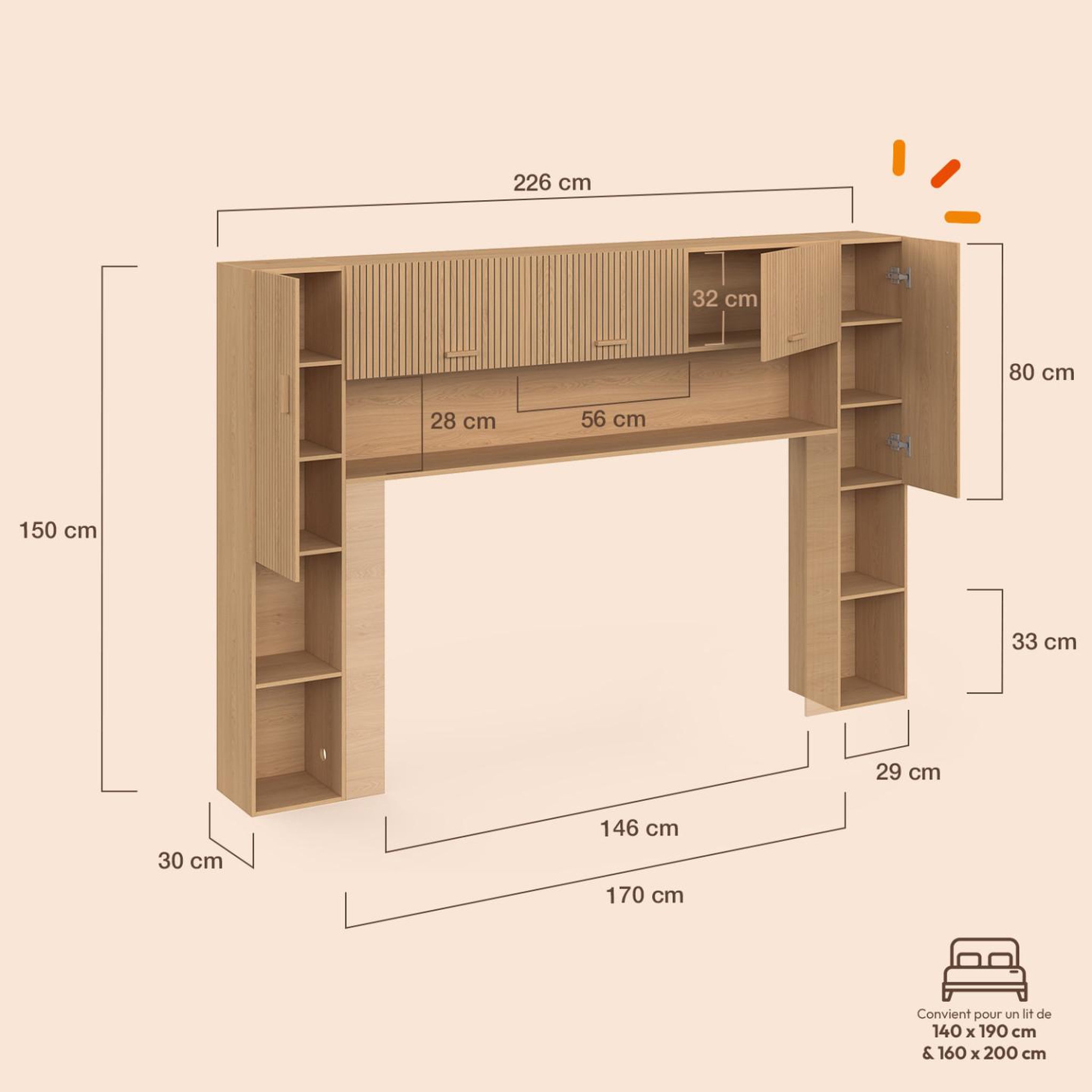 Voir la diapositive 5 : ID MARKET Pont de lit juliette 226 cm avec rangements effet lattes tasseau de bois