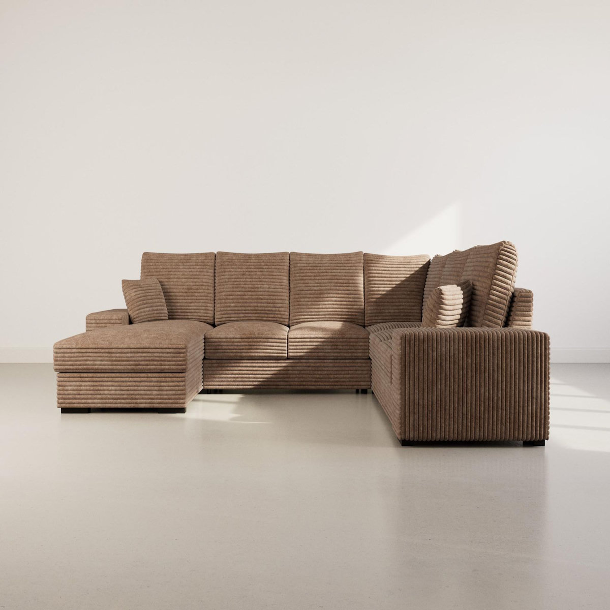 BEST MOBILIER Lorie - canapé panoramique d'angle droit 7 places convertible en velours côtelé grosse côte avec coffre