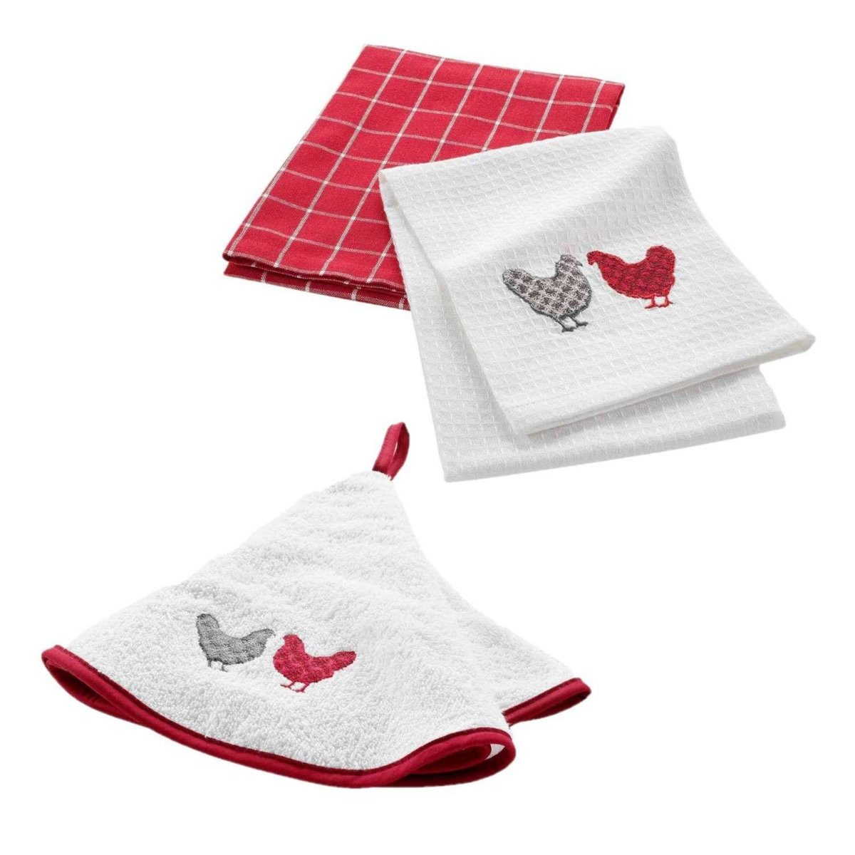 Douceur d'Intérieur Ensemble essuie-main et torchons Plumette - Rouge et blanc