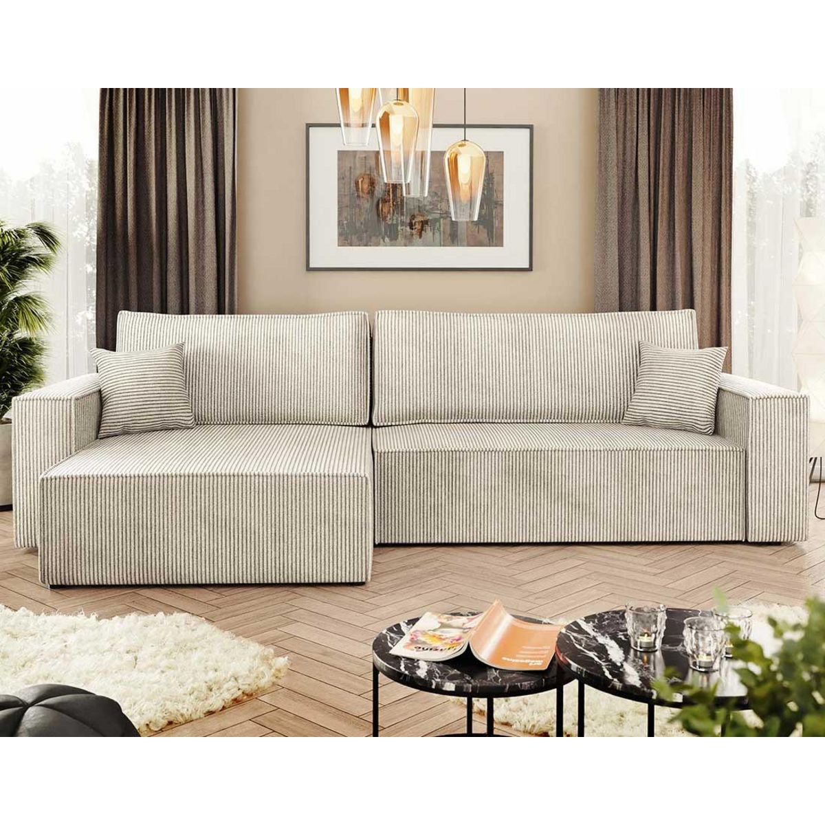 BEST MOBILIER Cezanne - canapé d'angle réversible 5 places convertible avec coffre en velours côtelé