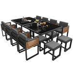 MERAX Salon de jardin repas 12 places en métal et bois avec table en verre et 12 sièges, gris