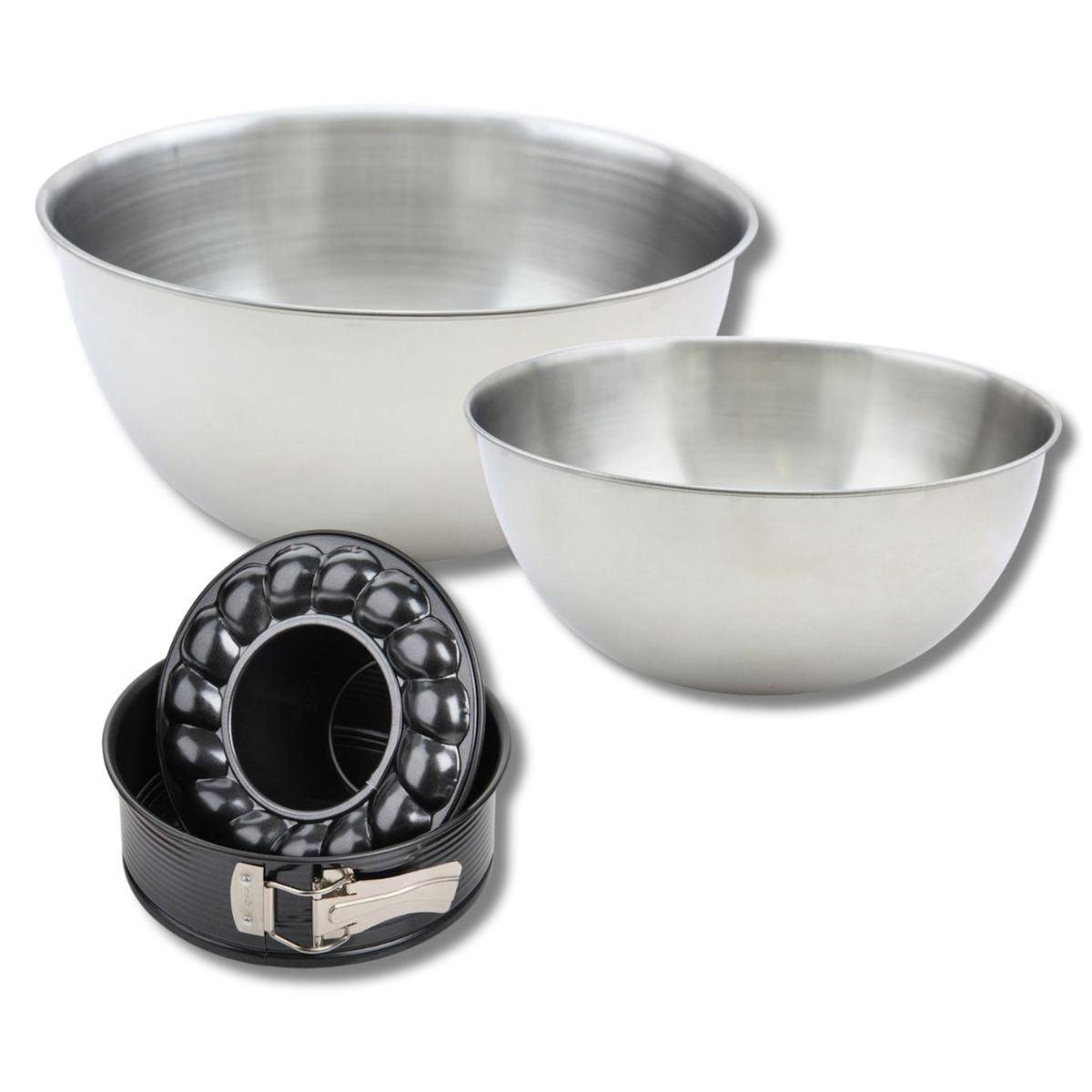 ZENKER Set comprenant 1 Moule à manqué et à savarin 18 cm, 1 spatule Zenker et 2 bols à mixer en inox Fackelmann