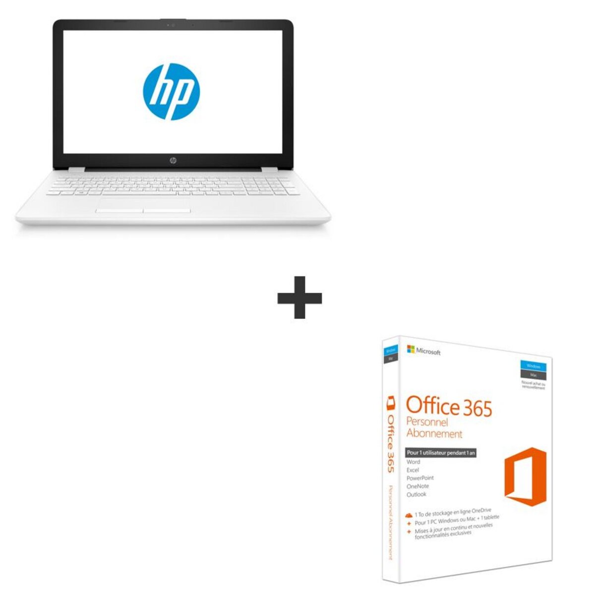 HP Pack PC Portable Notebook 15-bw001nf blanc neige & Logiciel Office 365 Personnel abonnement 1 an