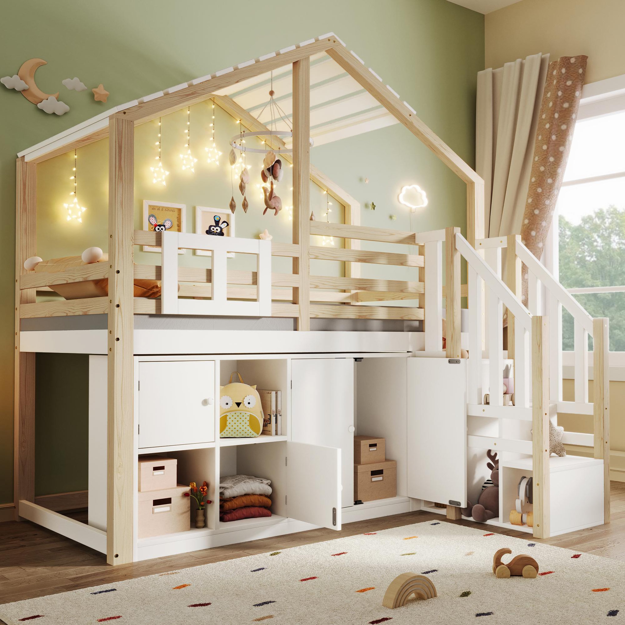 Voir la diapositive 4 : MERAX Lit combiné enfant 90x200 cm coloris blanc+natutel pin