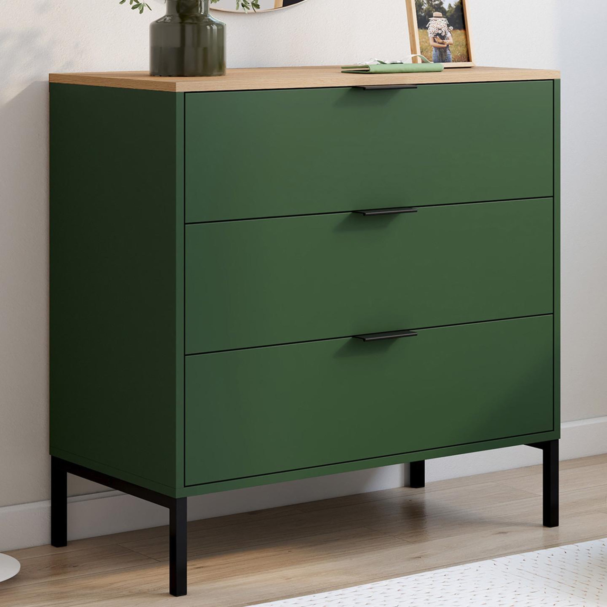 Voir la diapositive 2 : ID MARKET Commode 3 tiroirs kelia 80 cm vert kaki et plateau bois