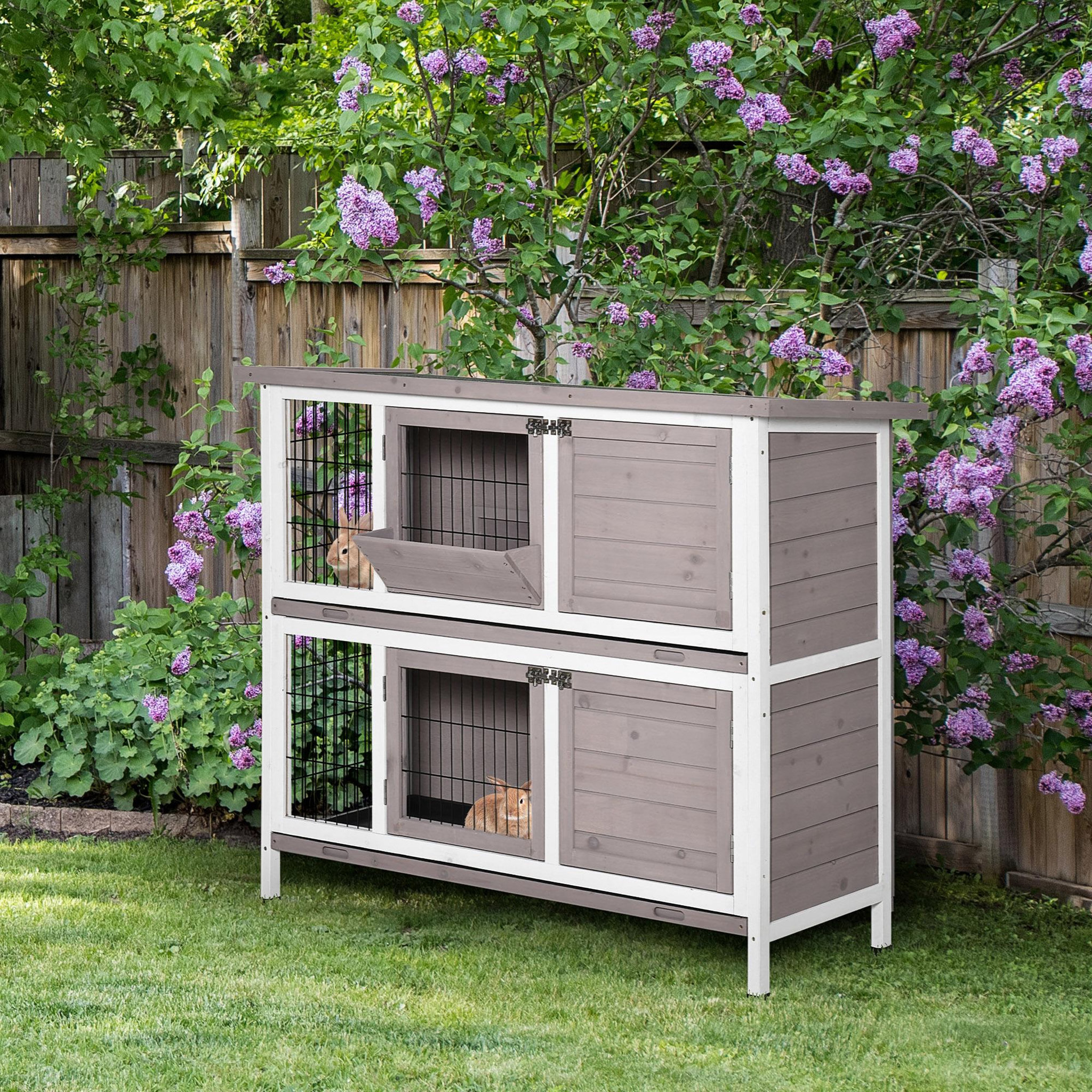 Voir la diapositive 2 : PAWHUT Clapier à lapin cage à lapin 2 étages trappe de séparation amovible 4 portes verrouillables 2 plateaux coulissants rampe toit ouvrant bois de sapin gris blanc