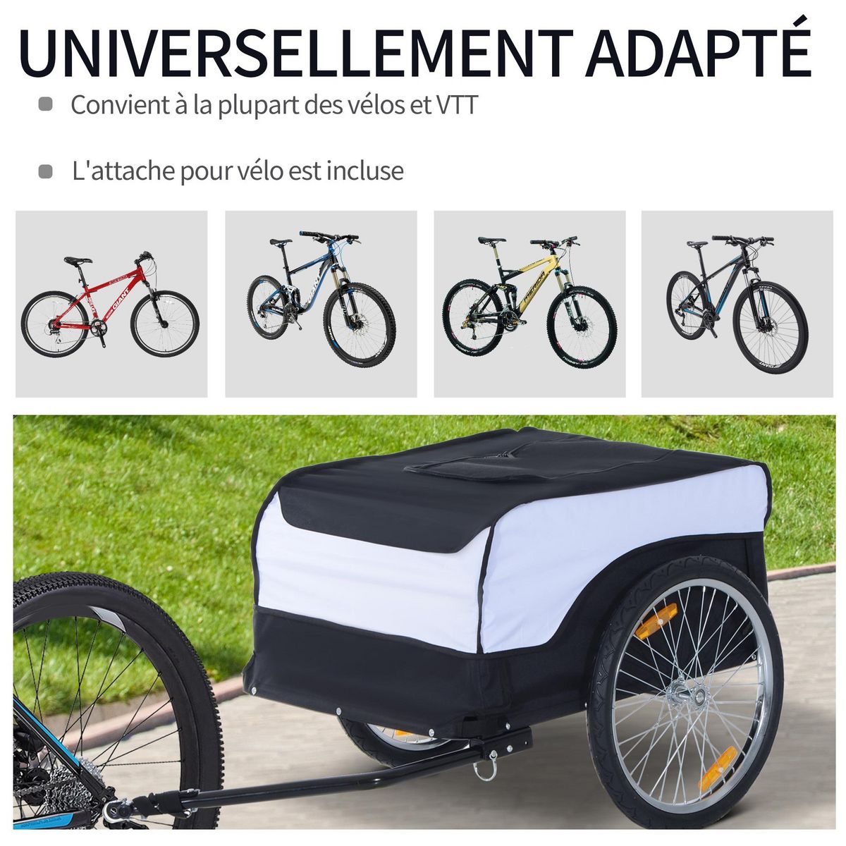 HOMCOM Remorque vélo cargo - housse amovible, attelage inclus - charge max. 40 Kg - acier oxford noir blanc