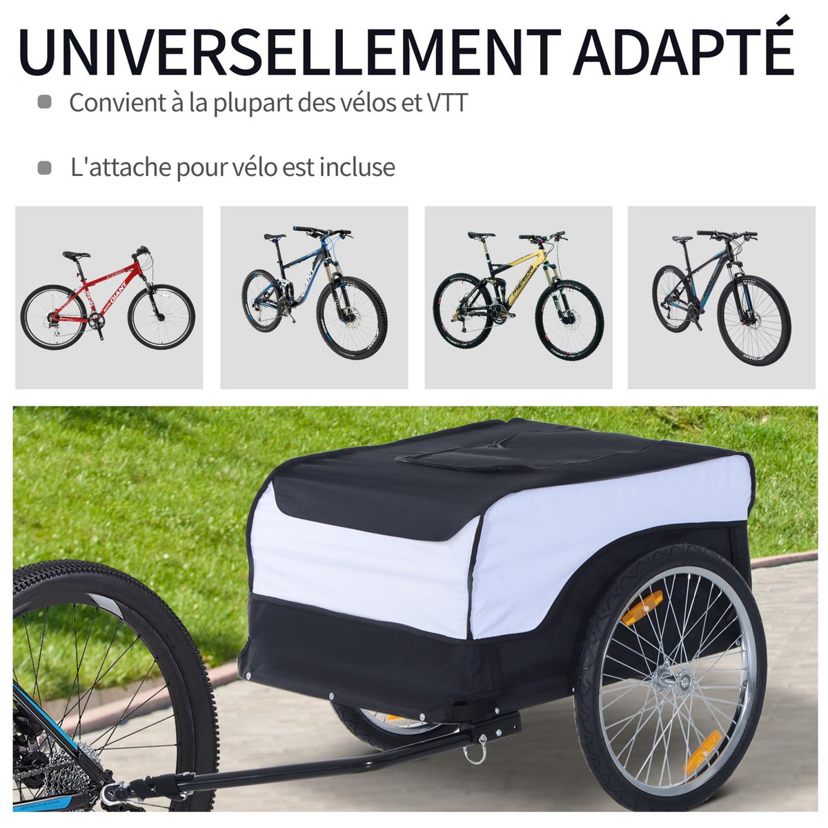 HOMCOM Remorque vélo cargo - housse amovible, attelage inclus - charge max. 40 Kg - acier oxford noir blanc