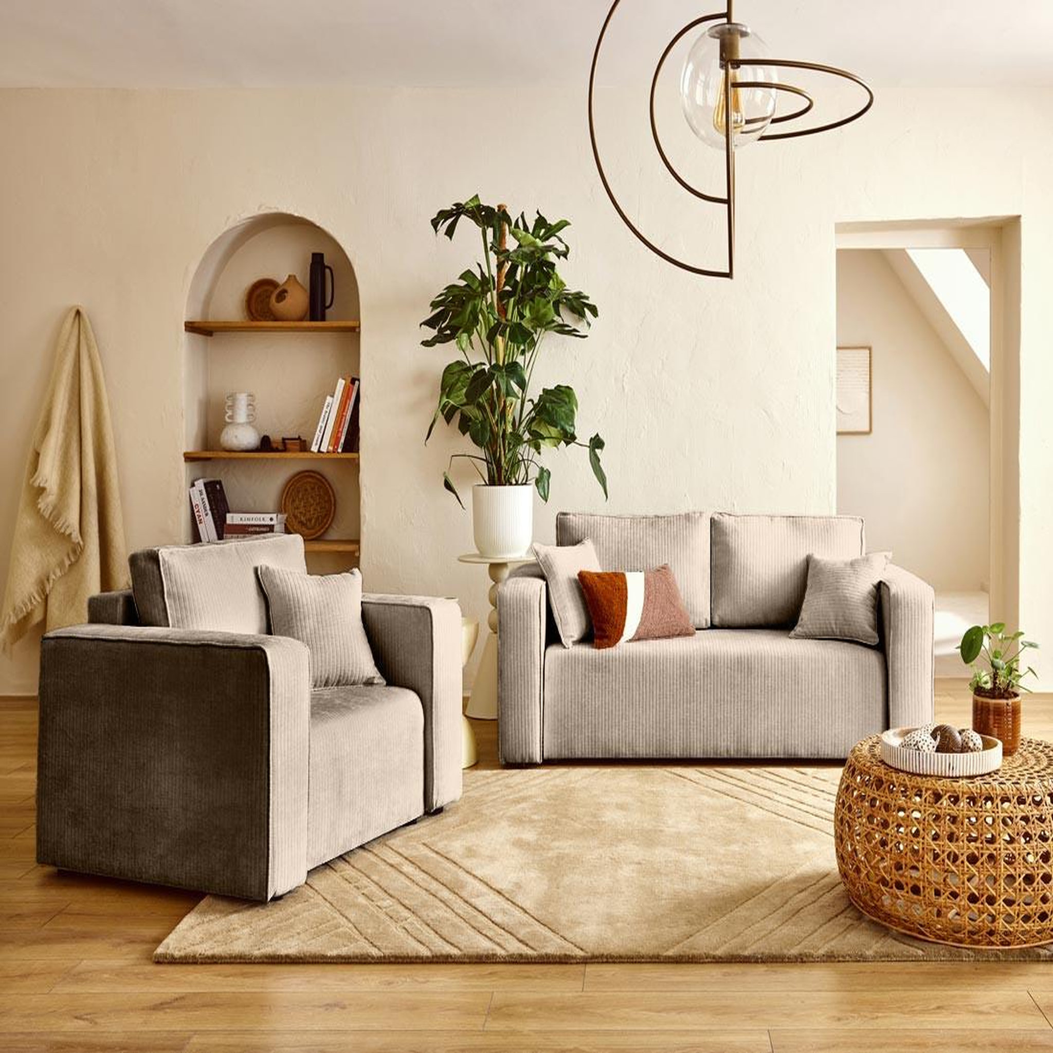 Voir la diapositive 2 : BEST MOBILIER Topaze - canapé droit 2 places en velours côtelé plat