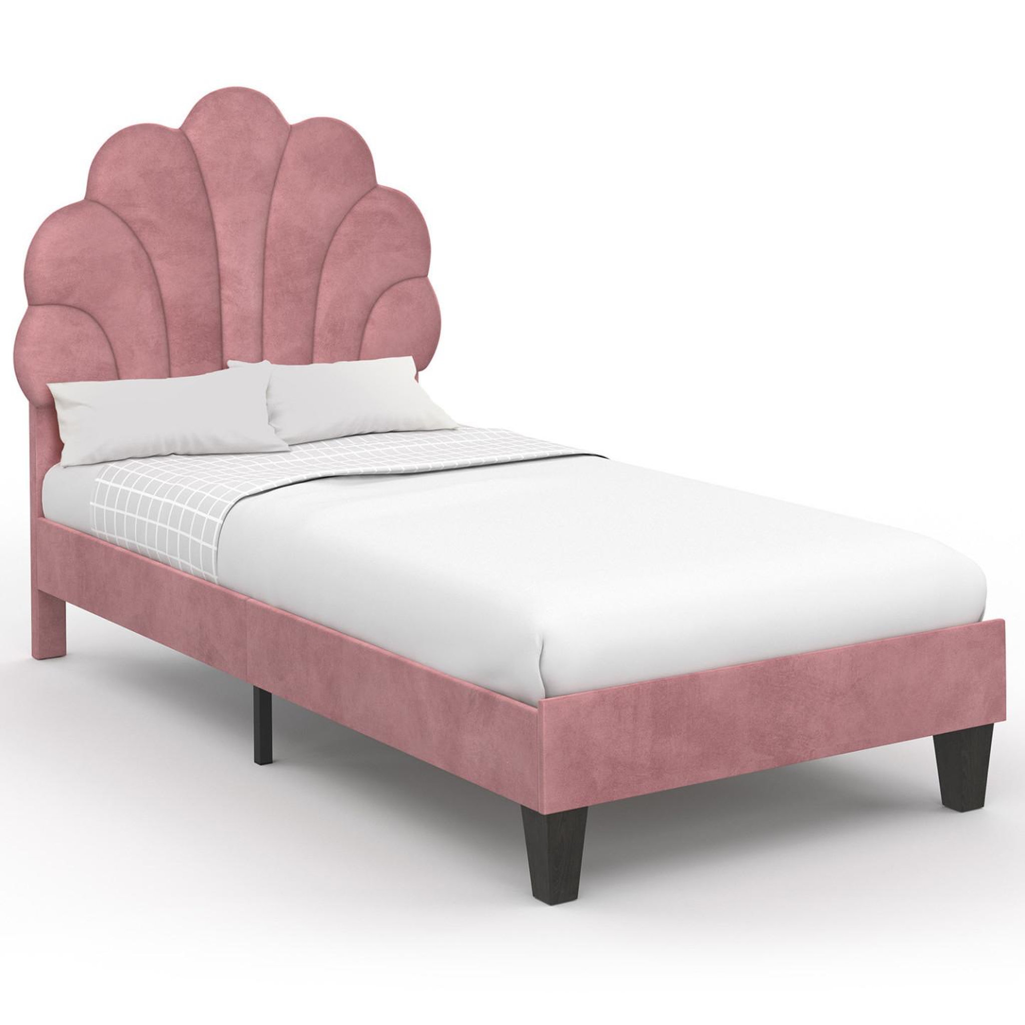 ID MARKET Lit simple coquillage 90 x 190 cm amanda avec sommier velours rose poudré