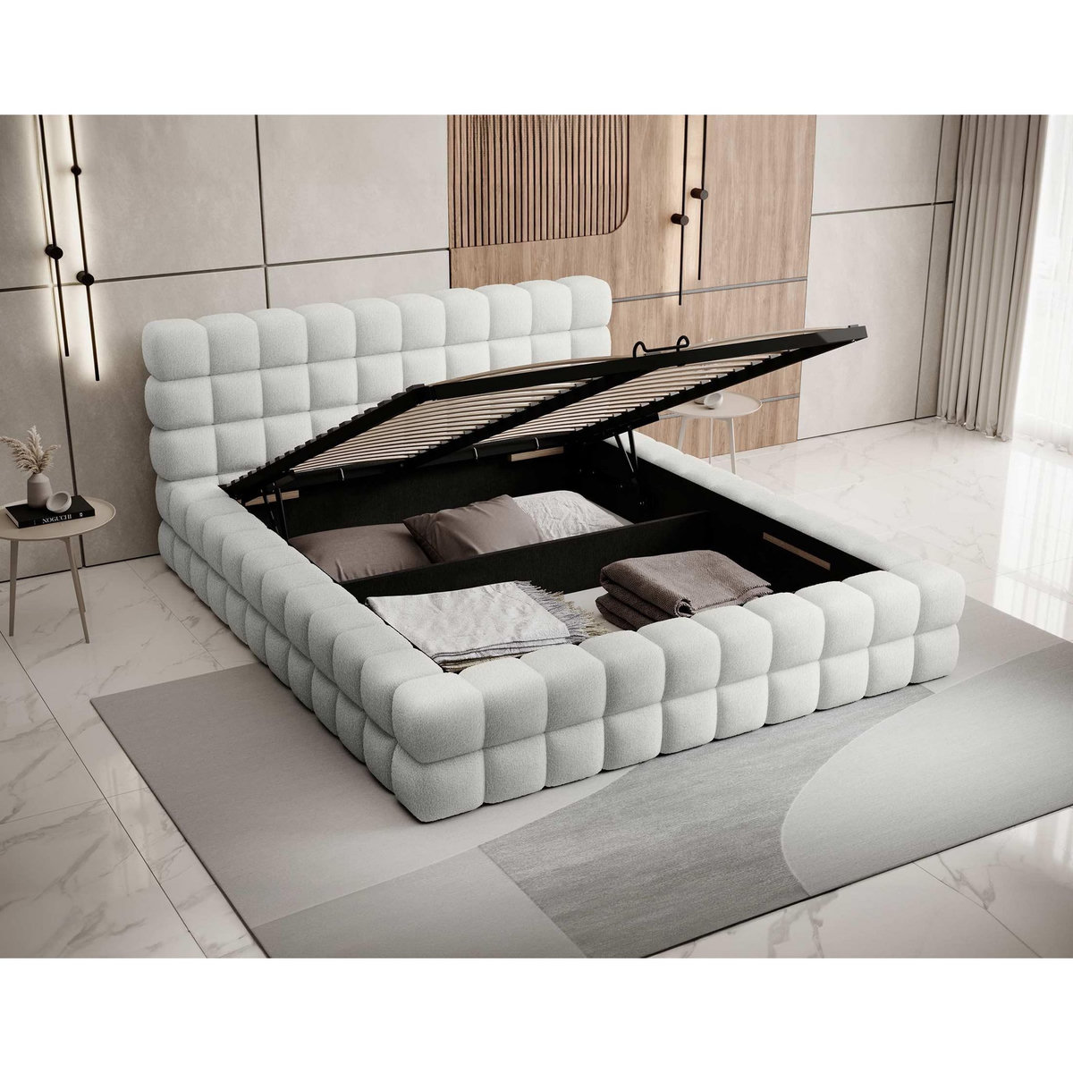 BEST MOBILIER Kingston - lit coffre - 160x200 - sommier inclus - en tissu bouclette