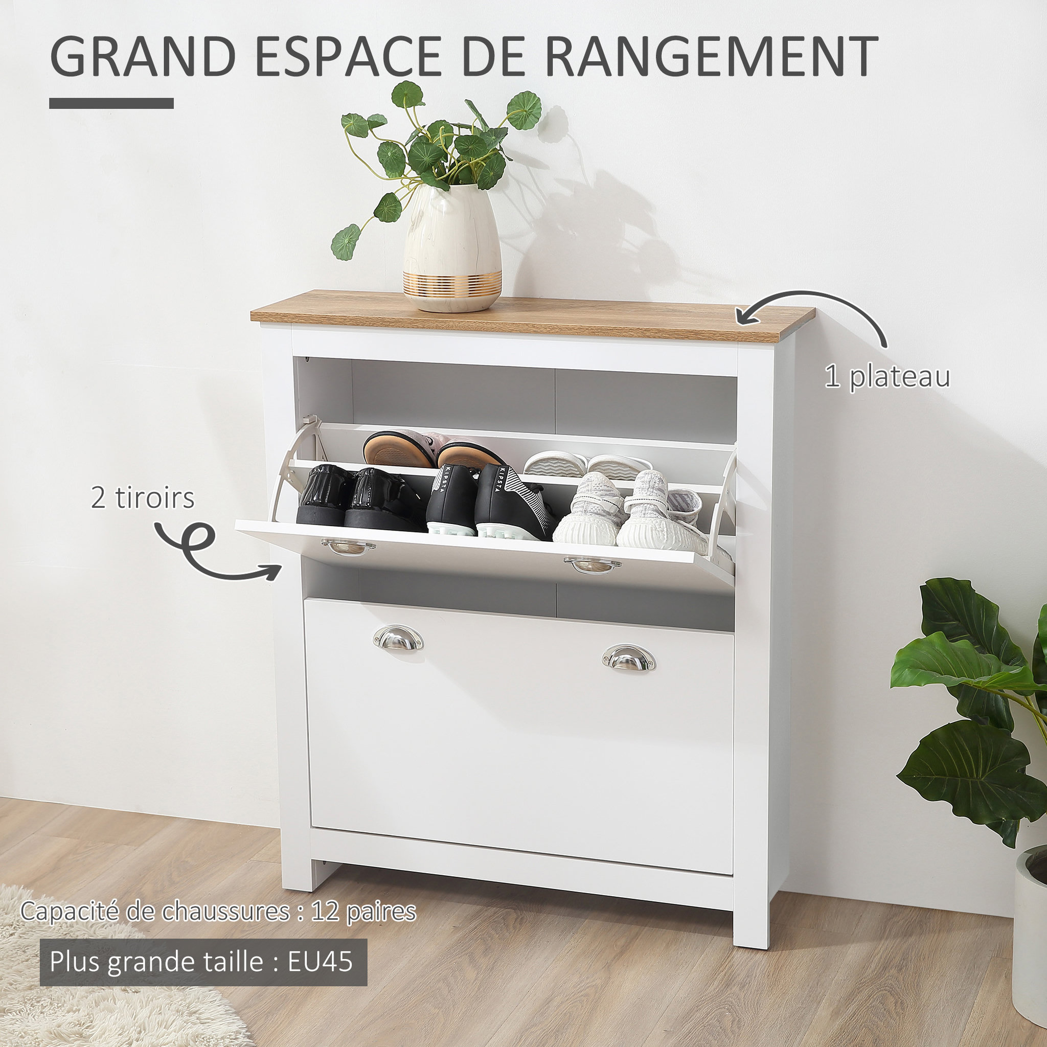 Voir la diapositive 4 : HOMCOM Armoire à chaussures 2 portes abattantes 2 compartiments poignées coquilles métal MDF blanc chêne clair