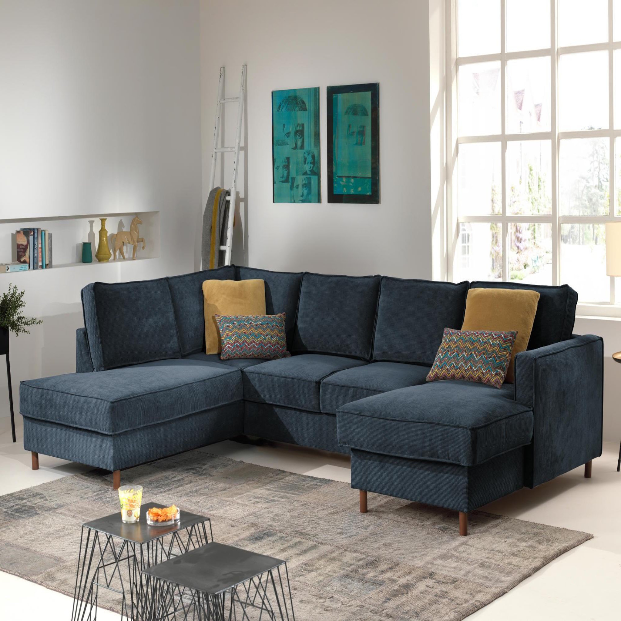 LISA DESIGN Jake - canapé panoramique d'angle gauche - convertible avec coffre - 7 places - en velours côtelé. Coloris disponibles : Bleu, Gris, Vert, Orange, Beige