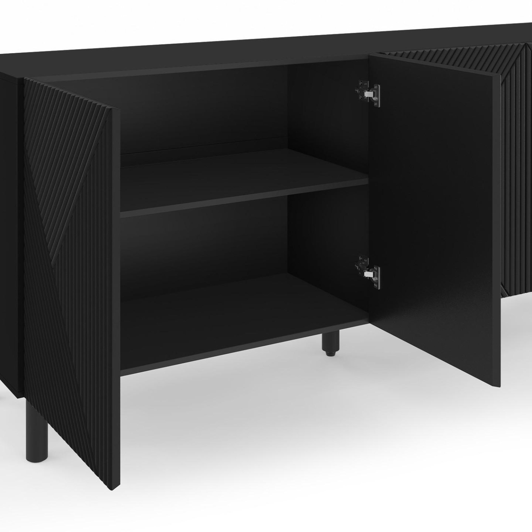 Voir la diapositive 6 : ID MARKET Buffet 160 cm himara 4 portes lattes géométriques bois noir