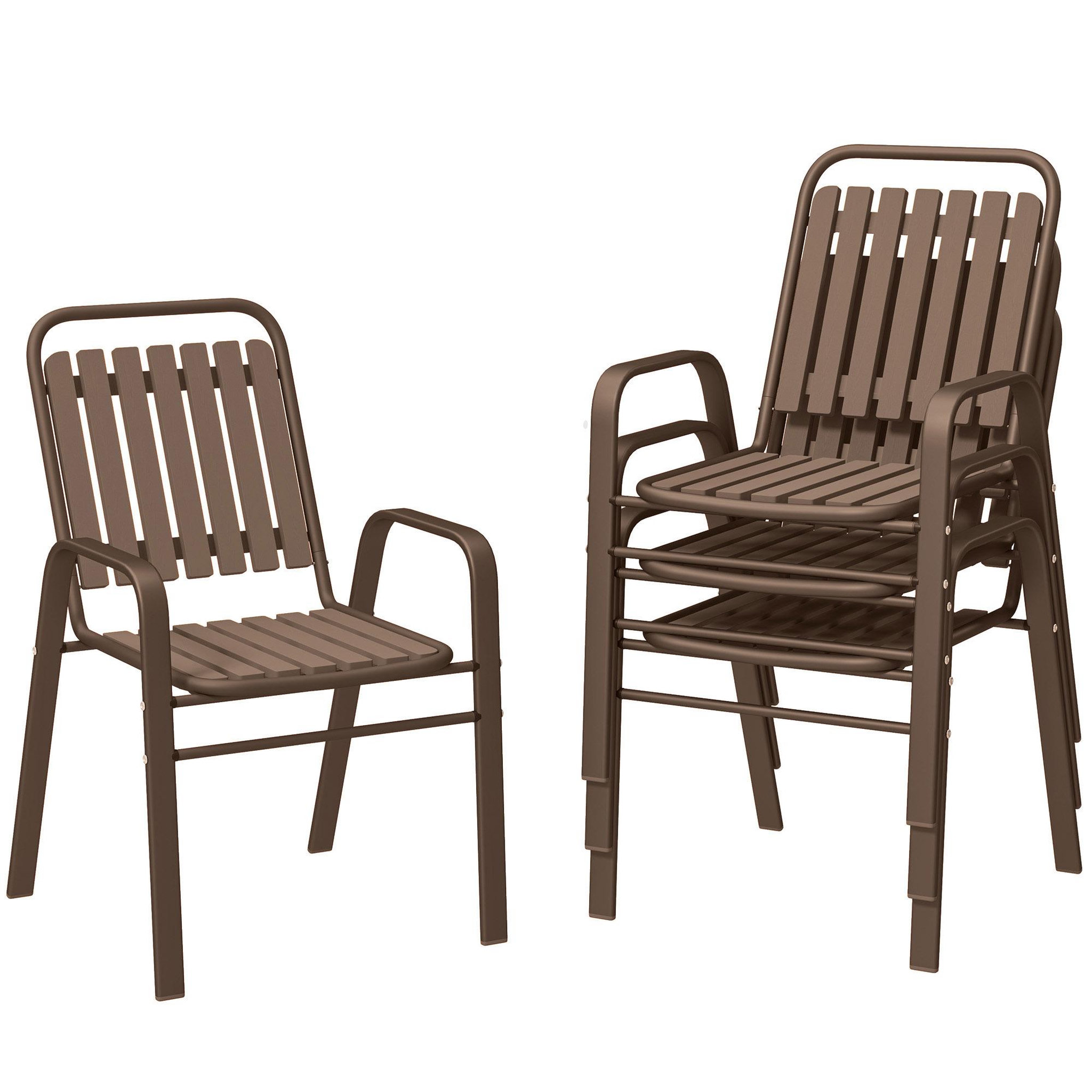 Voir la diapositive 5 : OUTSUNNY Lot de 4 chaises de jardin empilables design néo-rétro avec hauts dossiers accoudoirs acier époxy PP marron