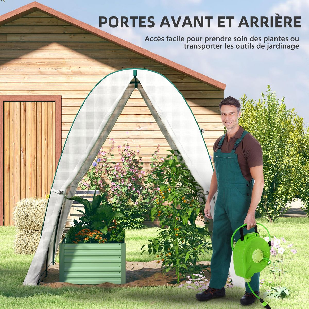 OUTSUNNY Serre tunnel de jardin 1,8 x 1,8 x 2 m - 2 portes enroulables zippées, 2 fenêtres - acier vert PE blanc