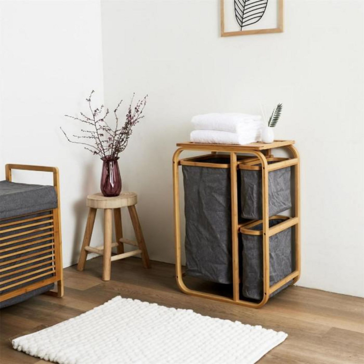 Paris Prix Meuble à Linge 3 Paniers  Bambou  69cm Naturel