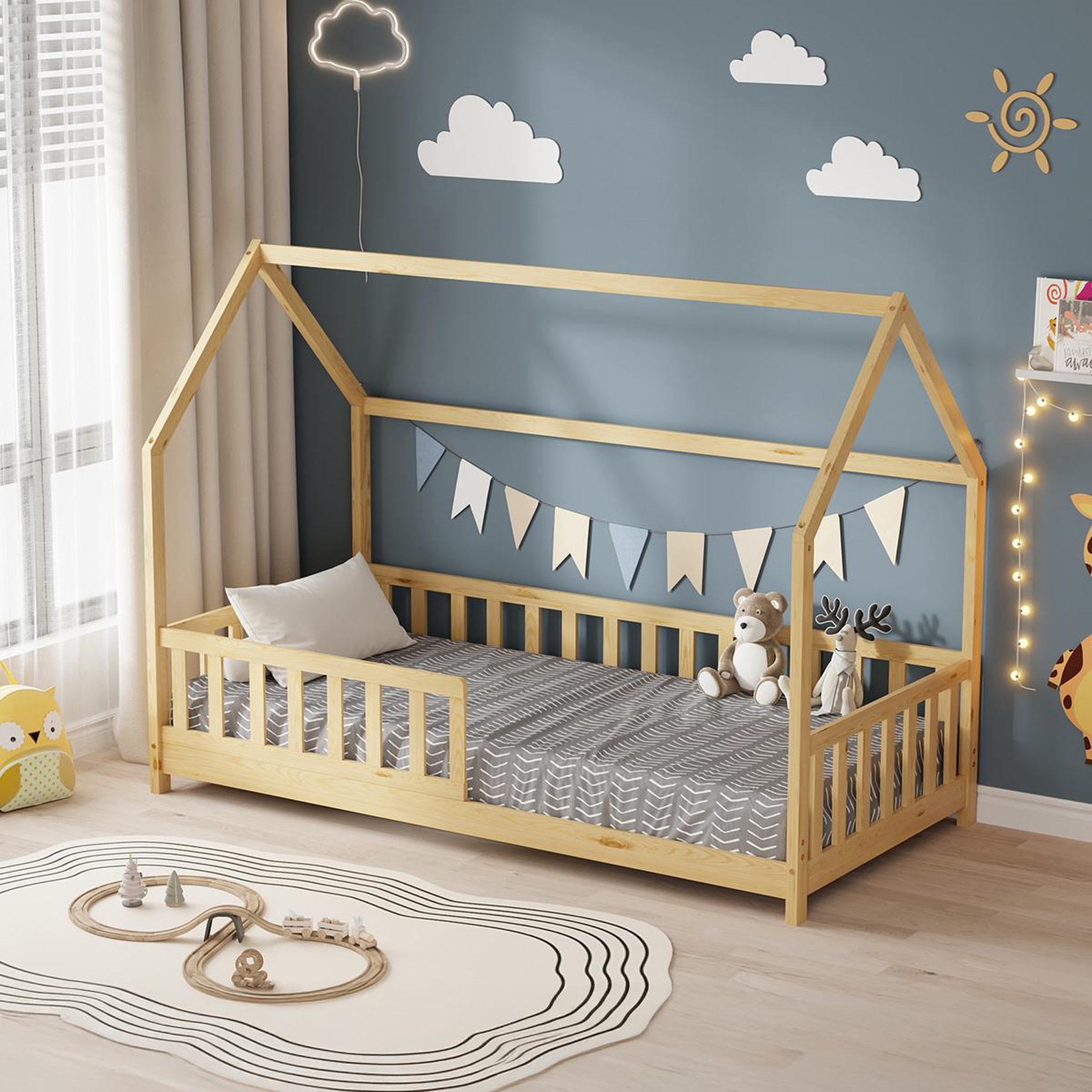 Voir la diapositive 2 : MINEA Minea | lit cabane avec barrière tchoupi 90x190 cm (matelas non inclus)