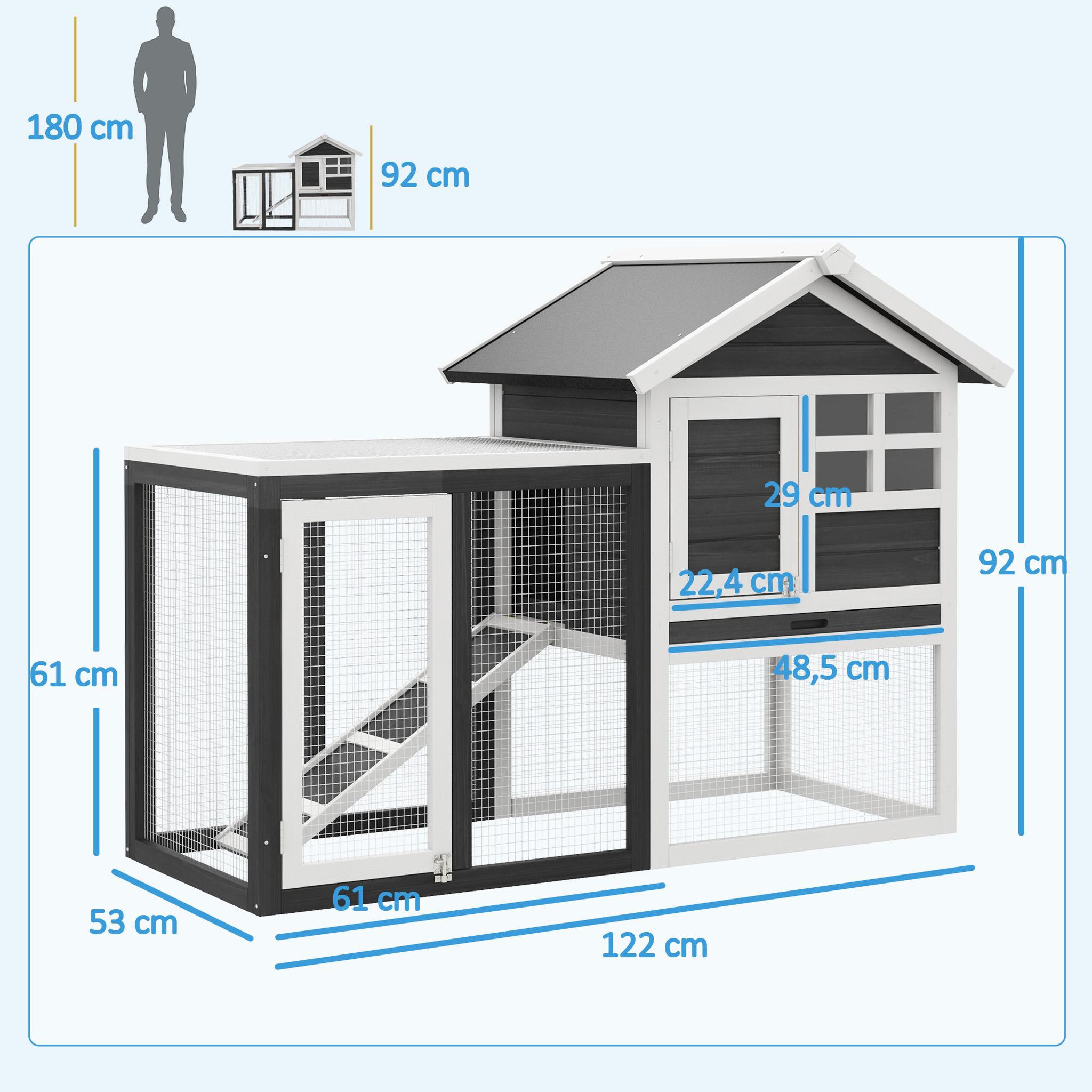 Voir la diapositive 3 : PAWHUT Clapier cage à lapins multi-équipé : niche supérieure avec rampe, plateau excrément, fenêtre + enclos  extérieur sécurisé 2 portes 122l x 63l x 92h cm gris