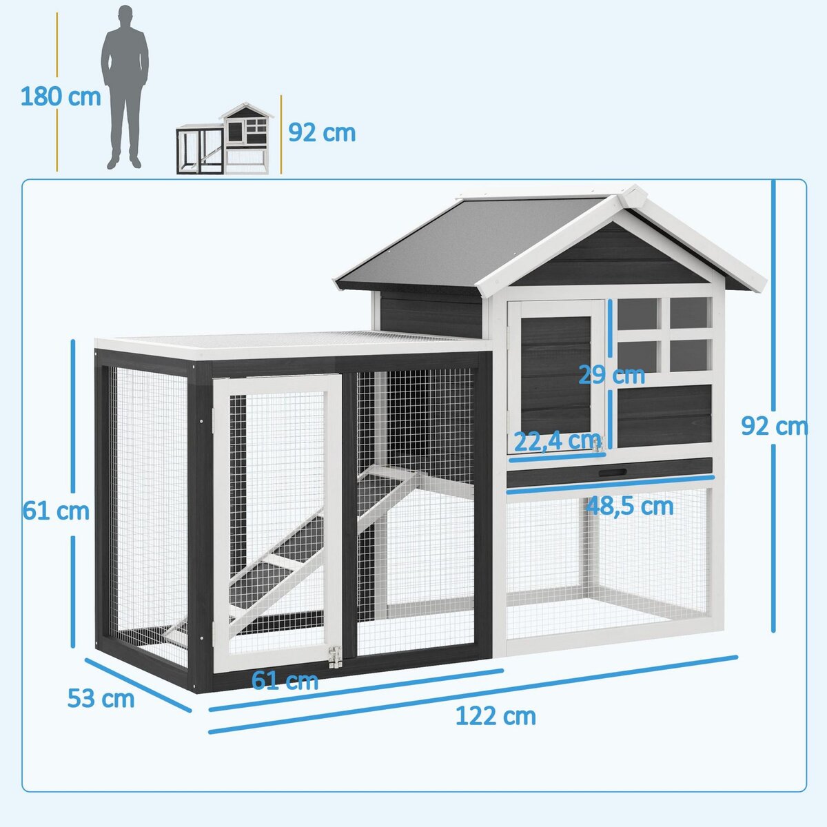 PAWHUT Clapier cage à lapins multi-équipé : niche supérieure avec rampe, plateau excrément, fenêtre + enclos  extérieur sécurisé 2 portes 122L x 63l x 92H cm gris