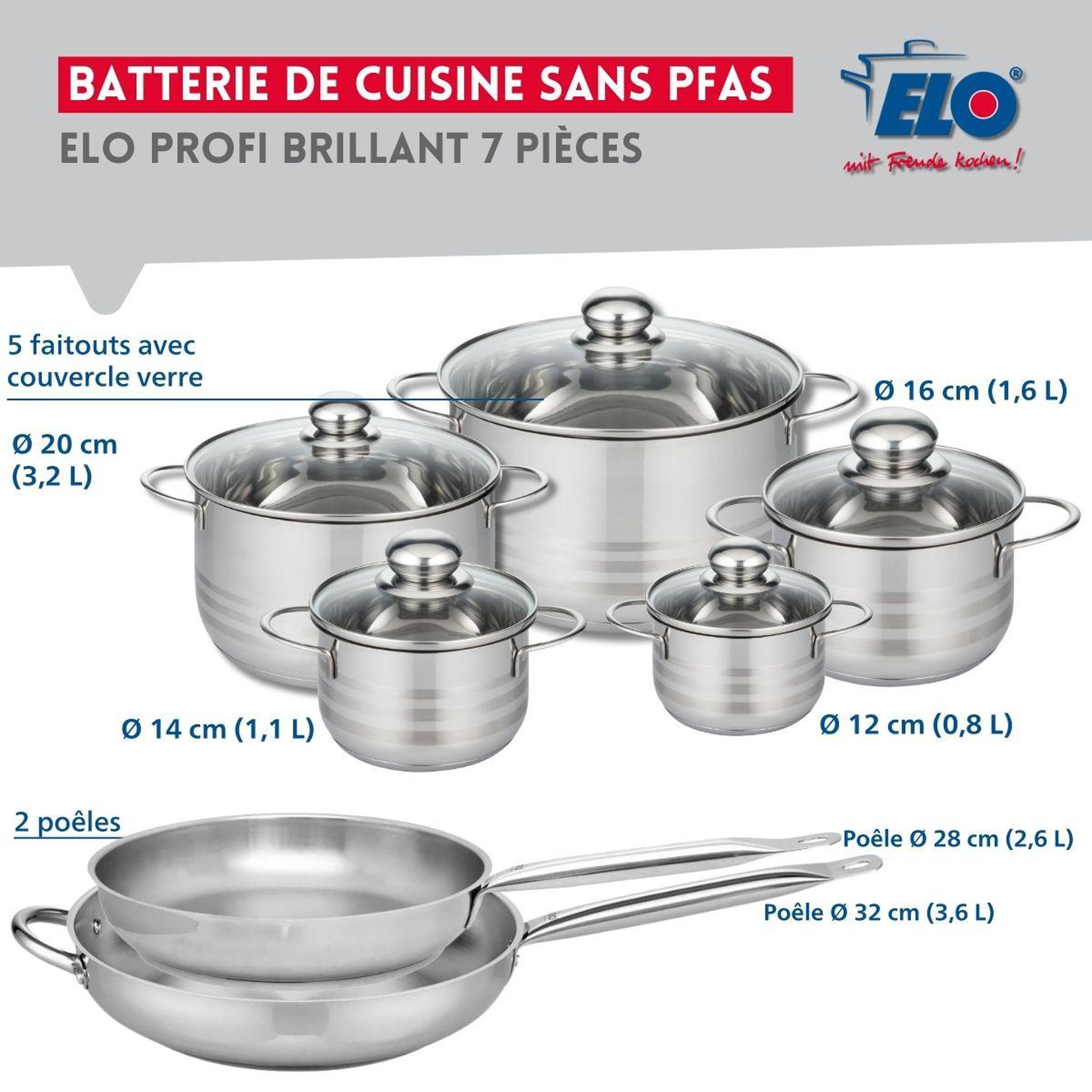 Voir la diapositive 2 : ELO Ensemble de 2 poêles de cuisson 28 et 32 cm et 5 faitouts 12, 14, 16, 20 et 24 cm elo profi brillant
